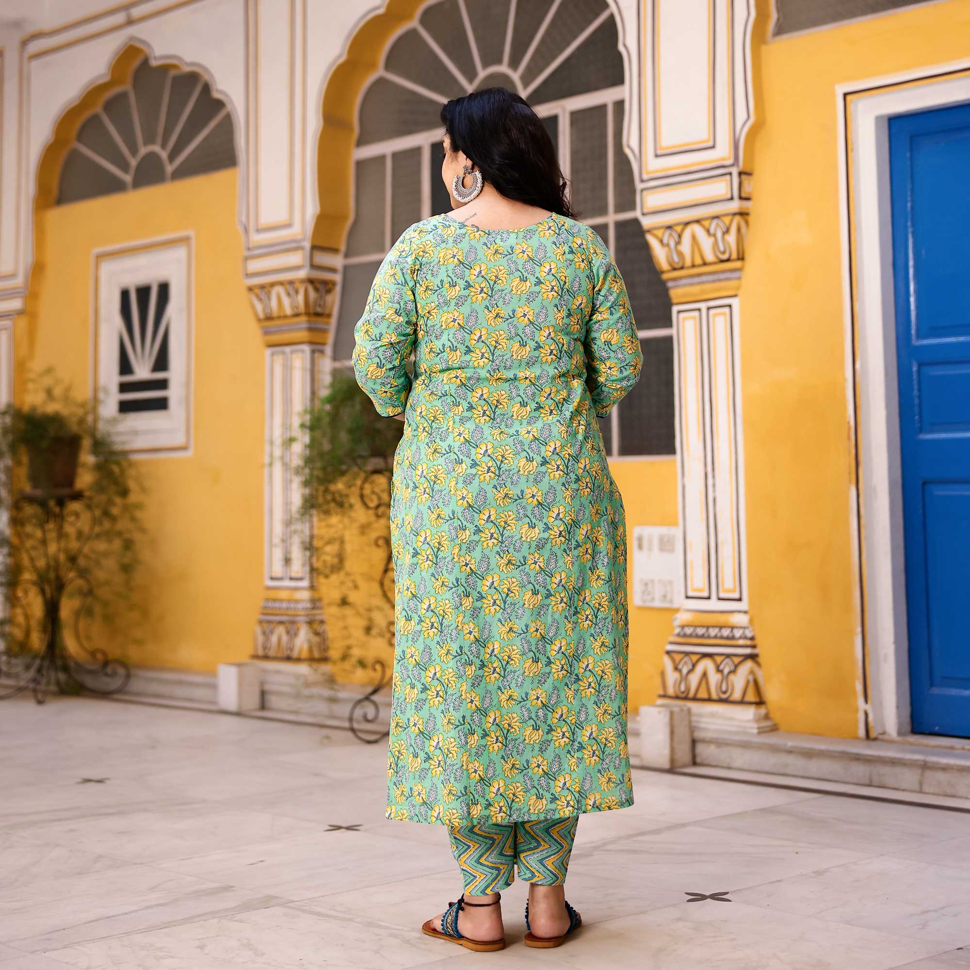 Lemon Mint Floral Cotton Kurta