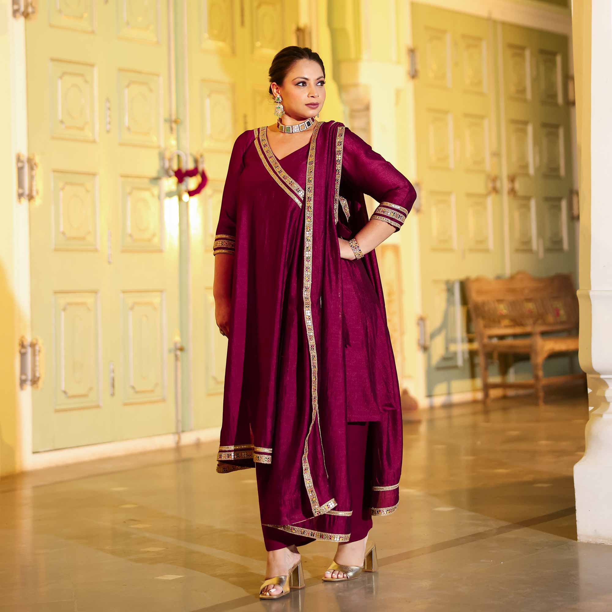 Deep Burgundy Romance Angrakha Suit Set