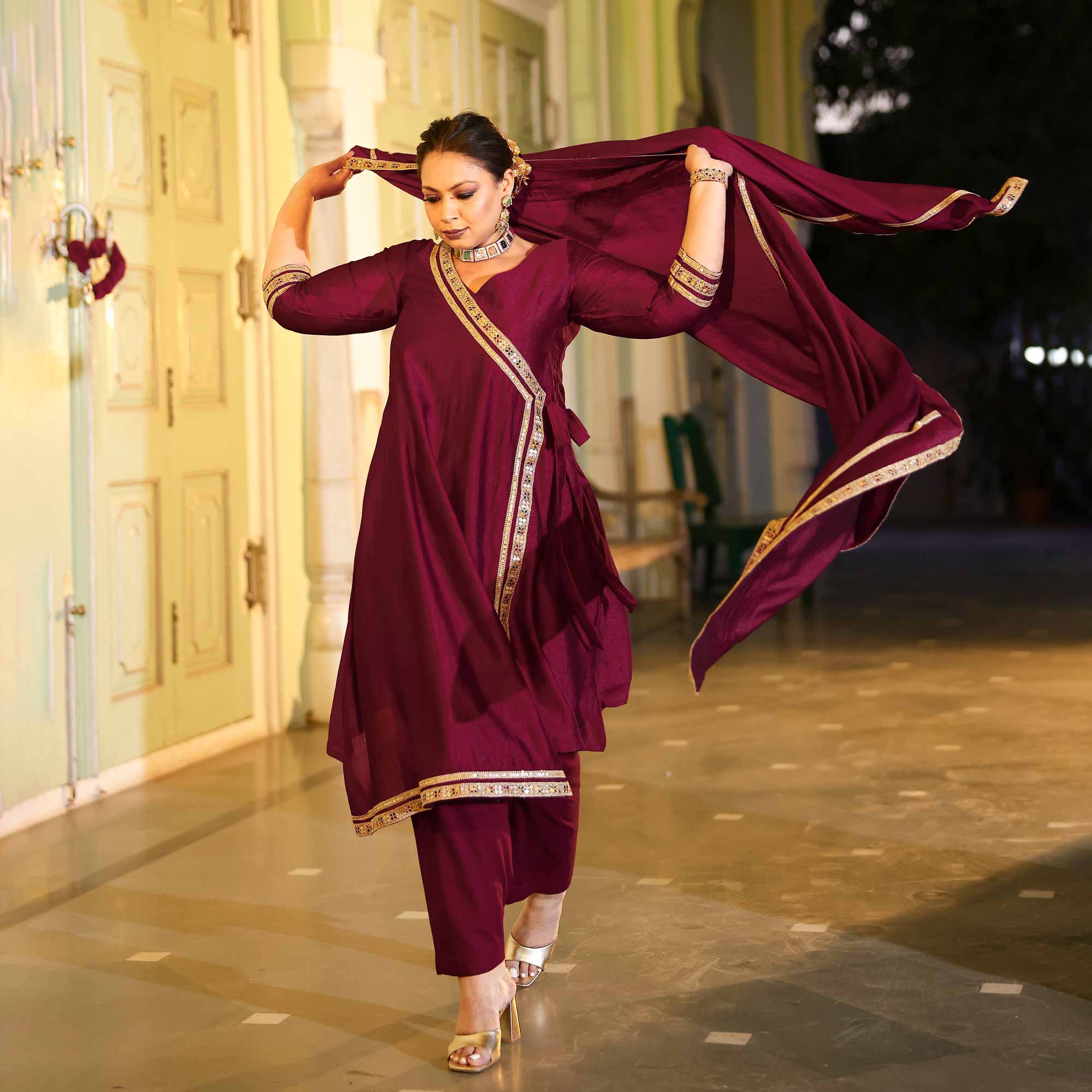 Deep Burgundy Romance Angrakha Suit Set