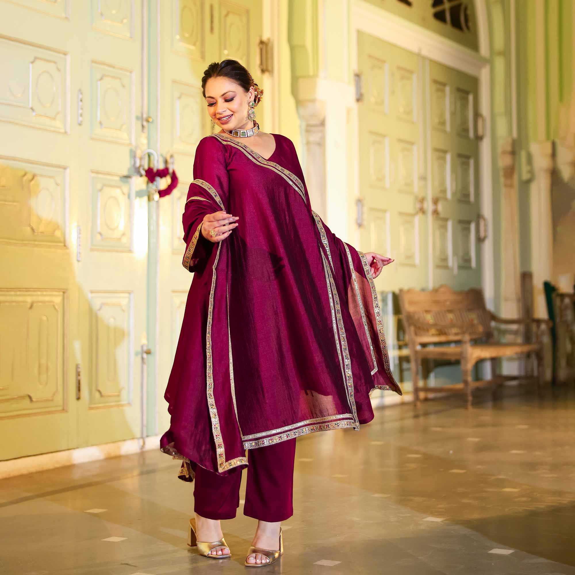 Deep Burgundy Romance Angrakha Suit Set