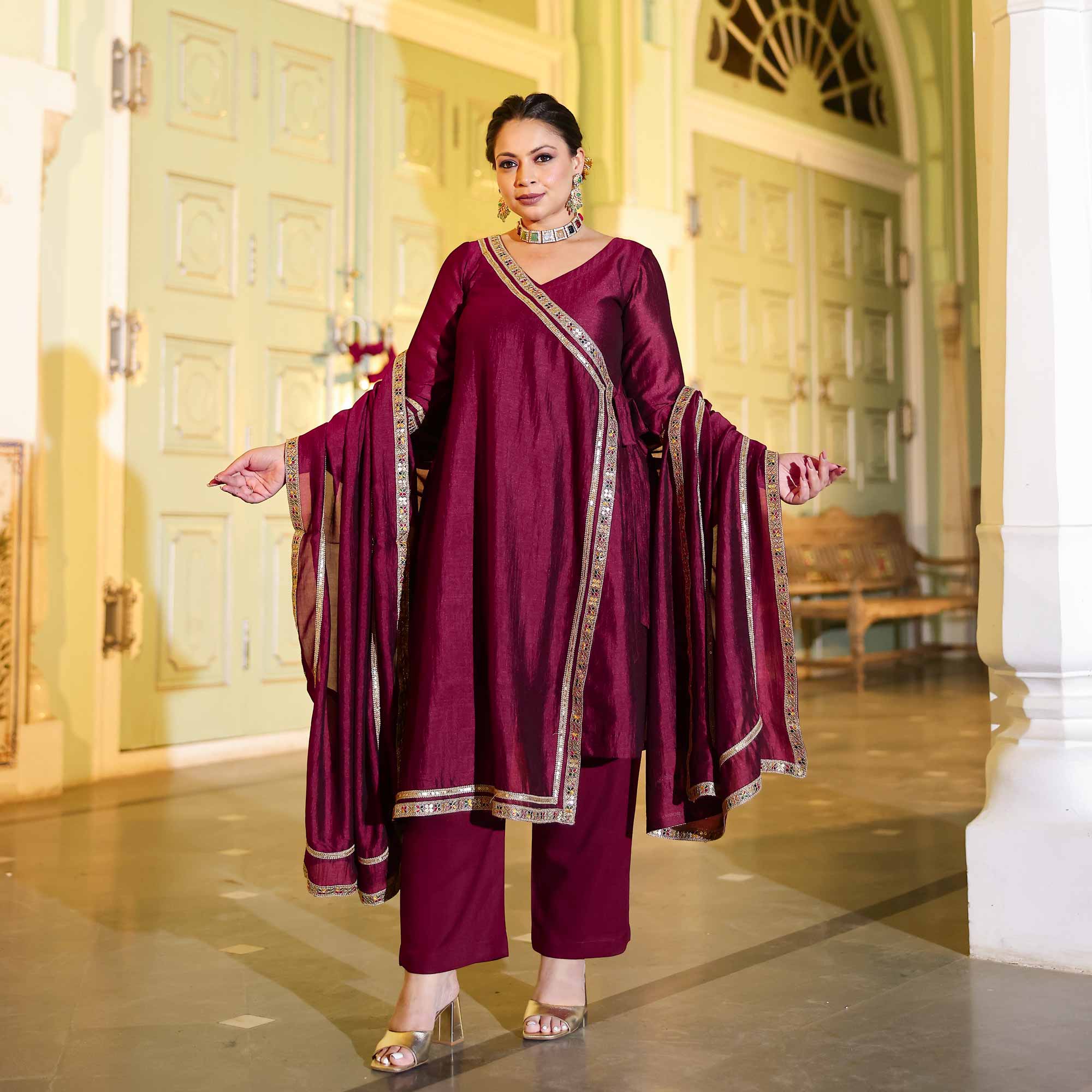 Deep Burgundy Romance Angrakha Suit Set