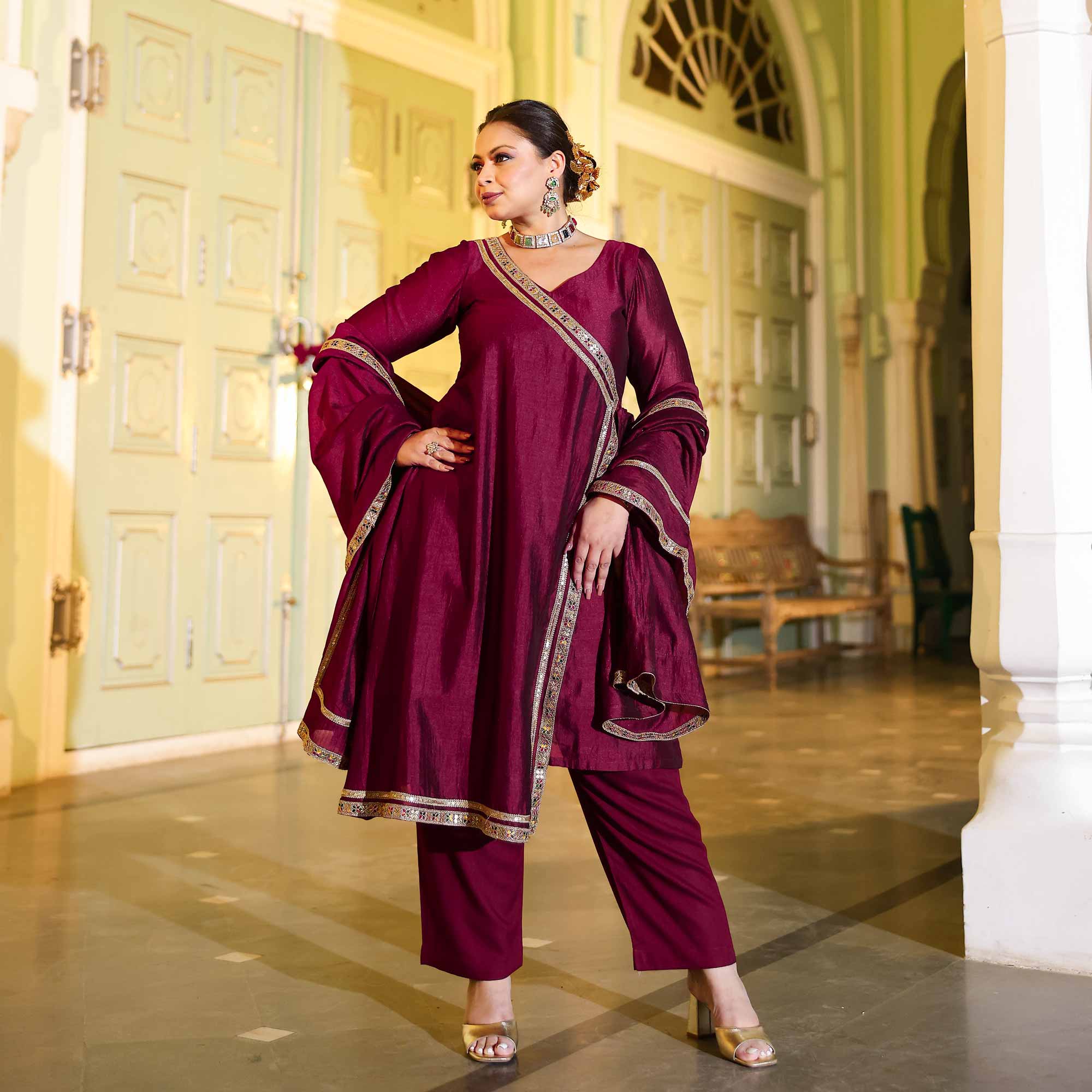 Deep Burgundy Romance Angrakha Suit Set