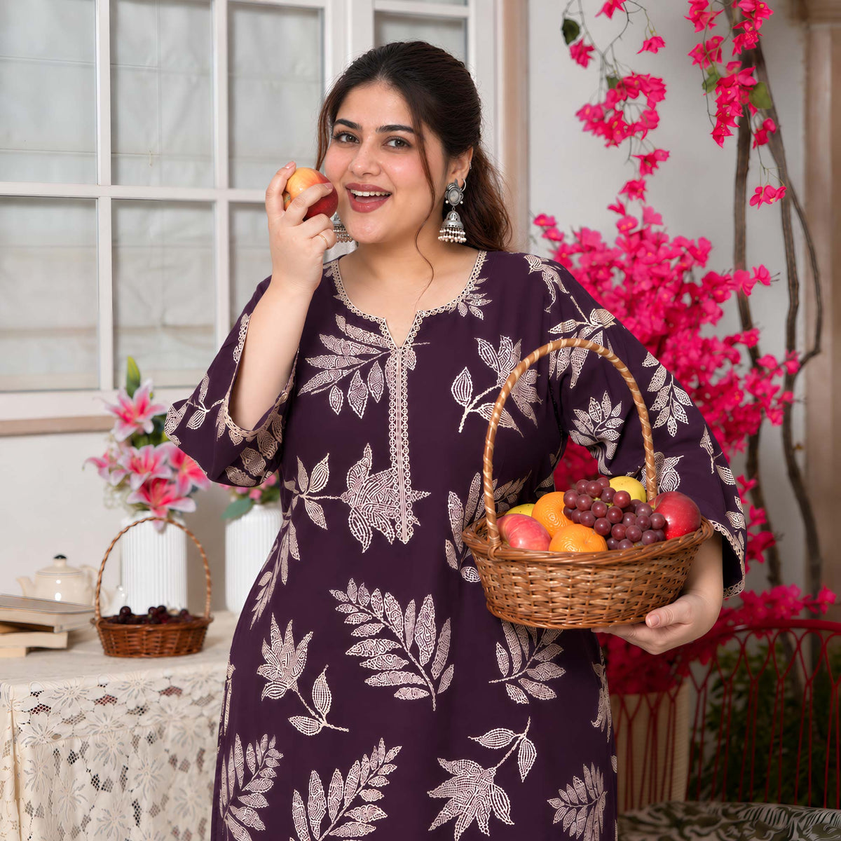 Erin- Wine & Gold Leaf Printed Rayon Cotton Kurta