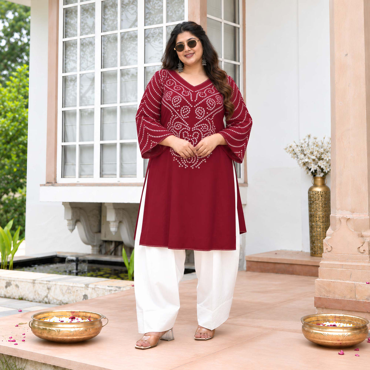 August- Maroon Bandhani Heavy GSM Rayon Cotton Farshi Set