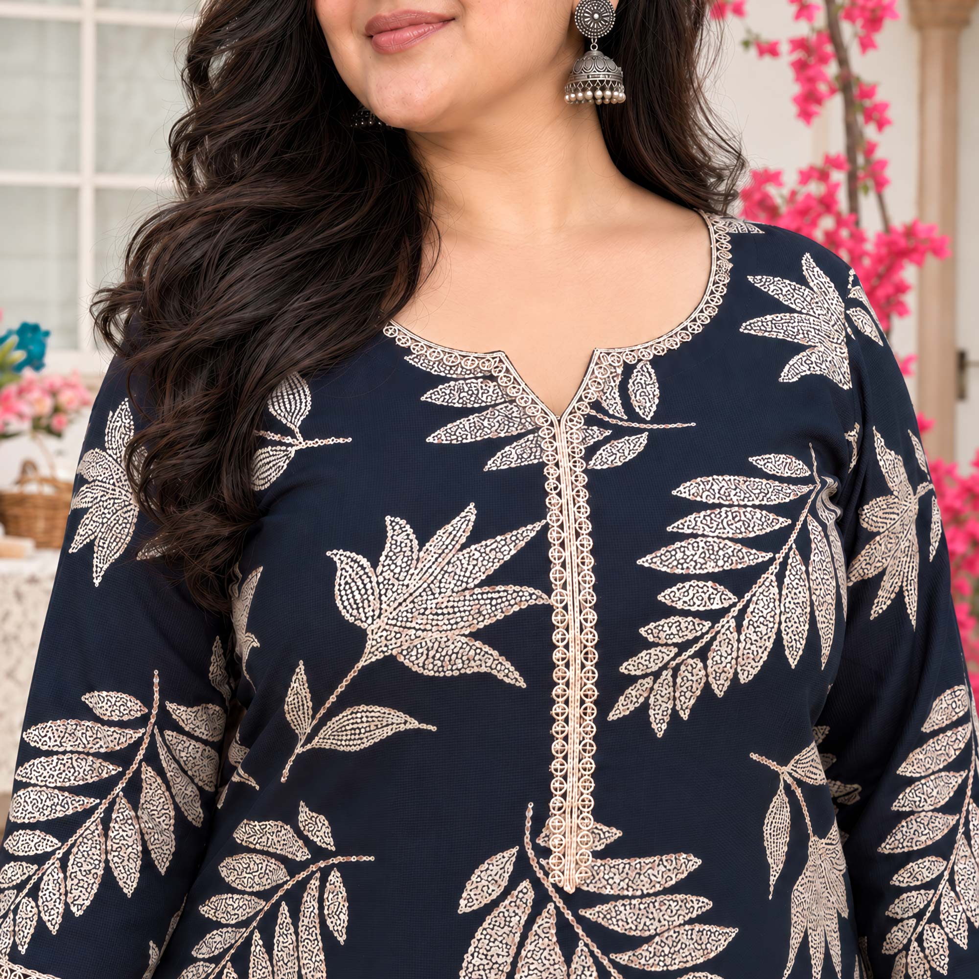 Gloria- Navy & Gold Floral Printed Rayon Cotton Kurta