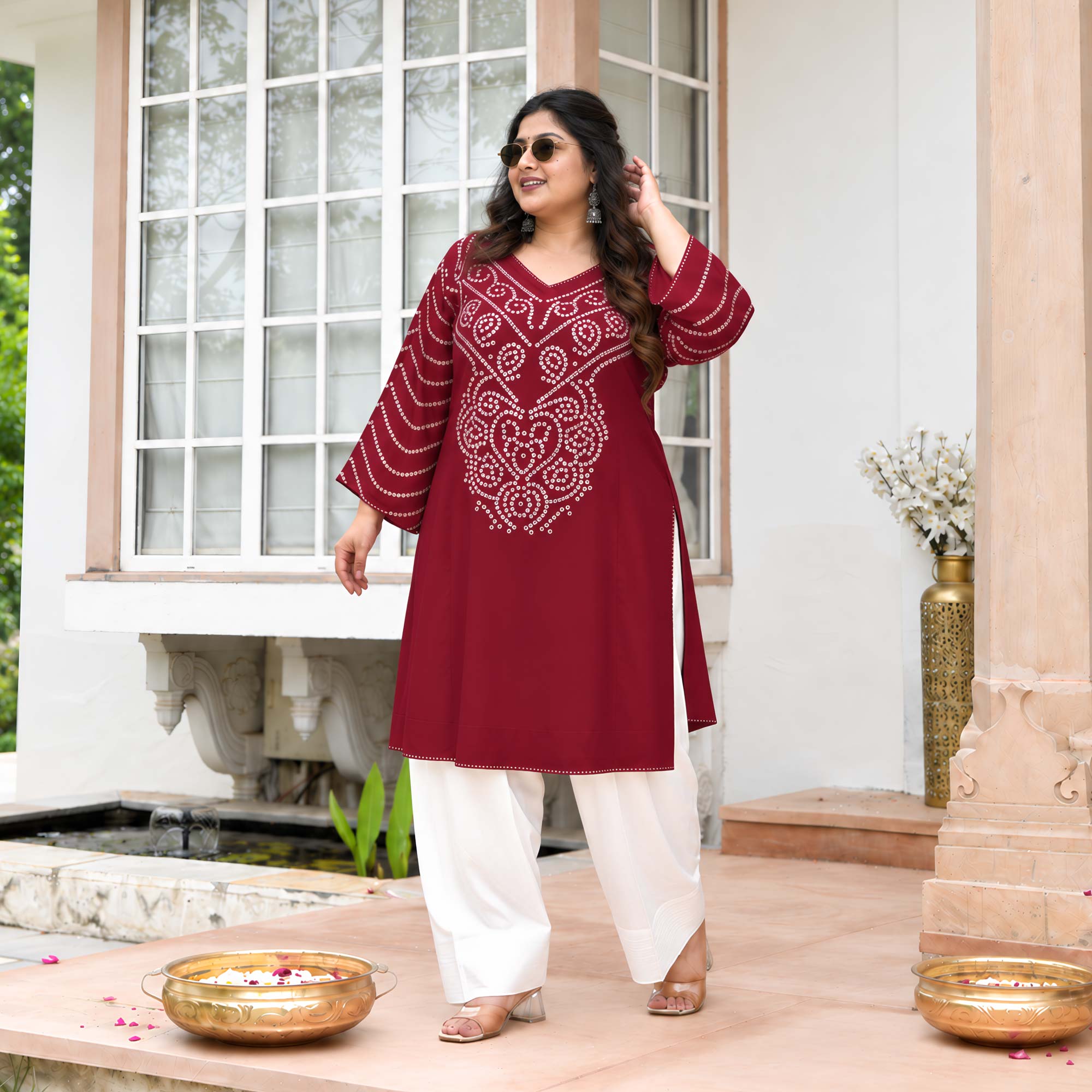 August- Maroon Bandhani Heavy GSM Rayon Cotton Farshi Set