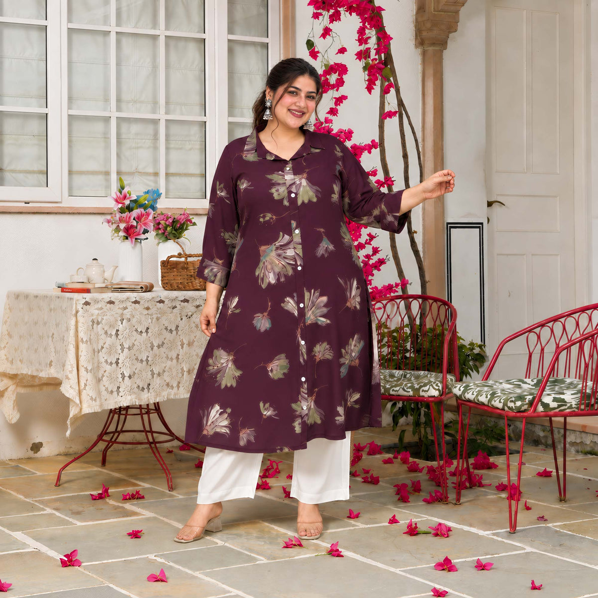 Charlotte- Wine Floral Printed Heavy GSM Rayon Cotton Kurta
