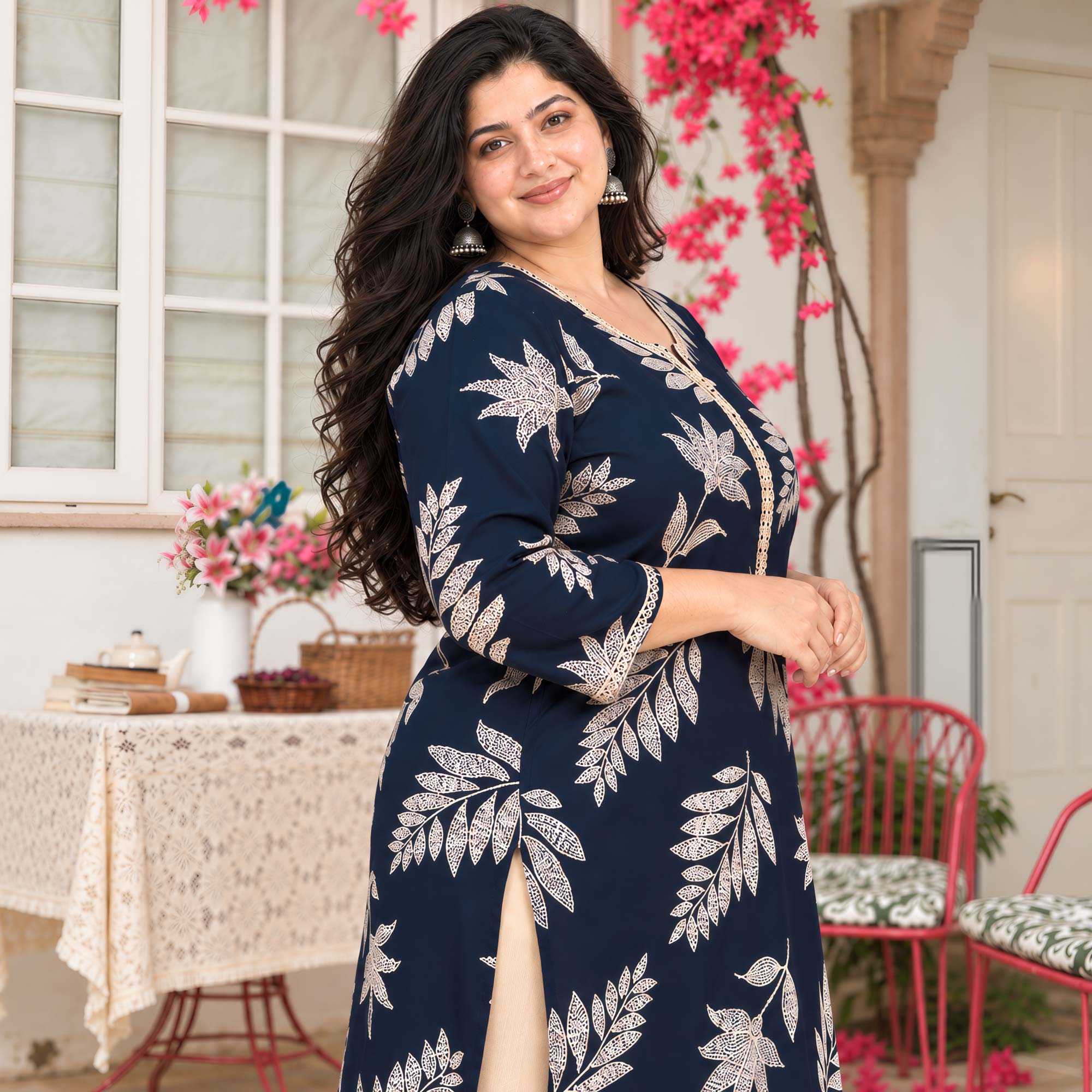 Gloria- Navy & Gold Floral Printed Rayon Cotton Kurta