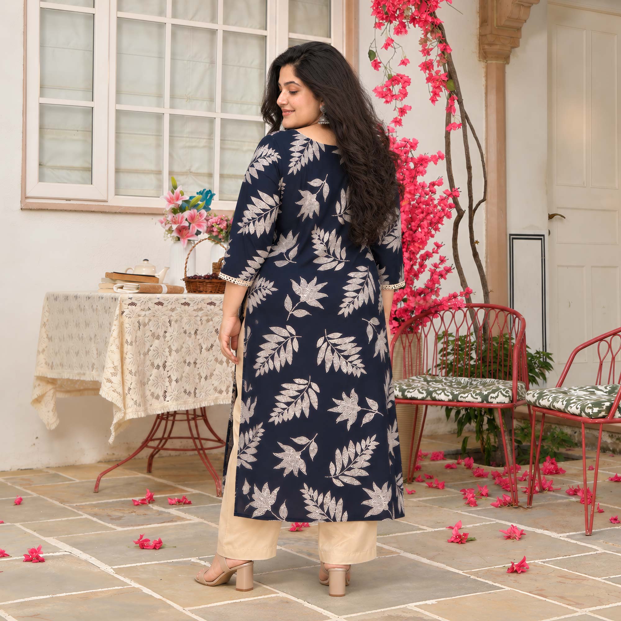 Gloria- Navy & Gold Floral Printed Rayon Cotton Kurta