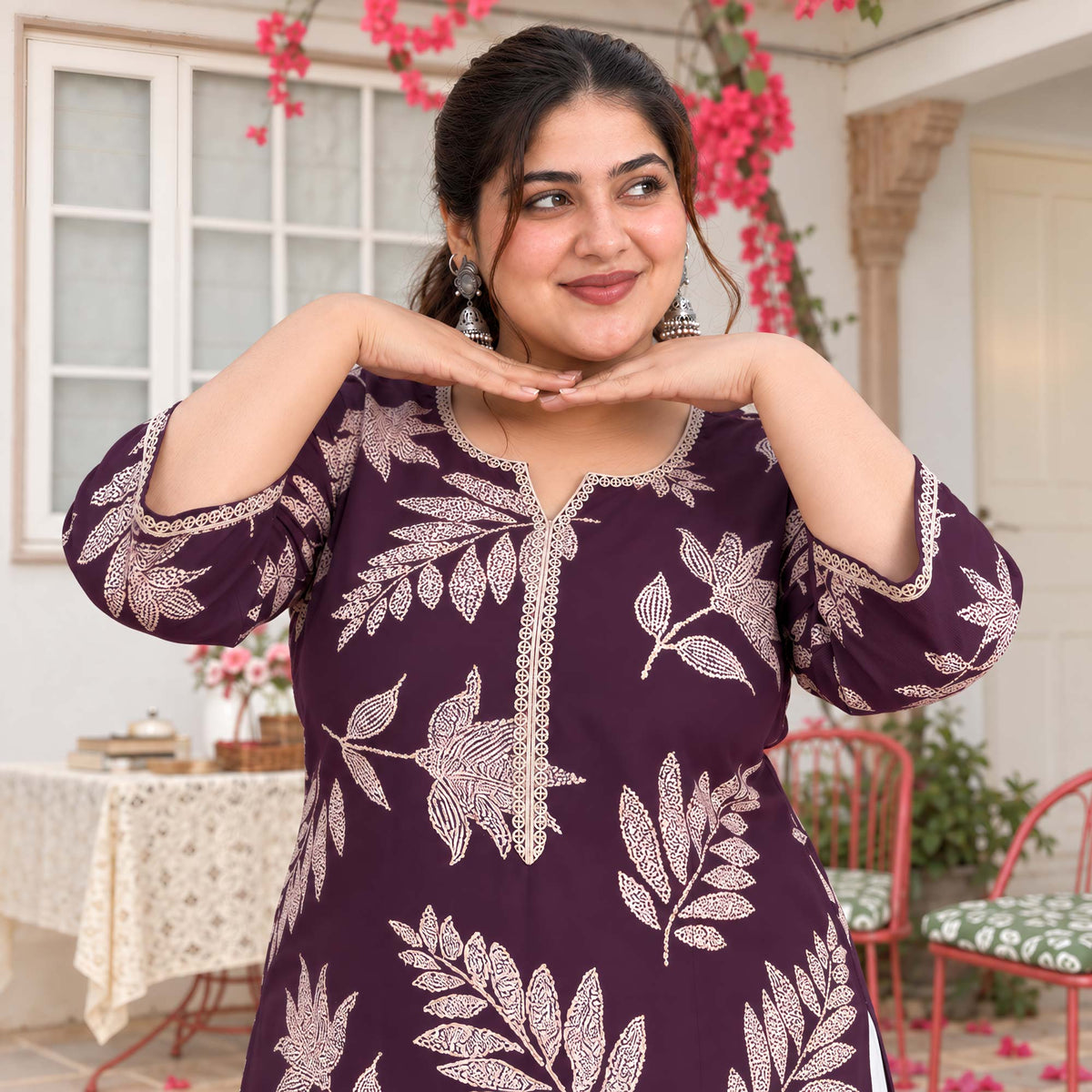 Erin- Wine & Gold Leaf Printed Rayon Cotton Kurta