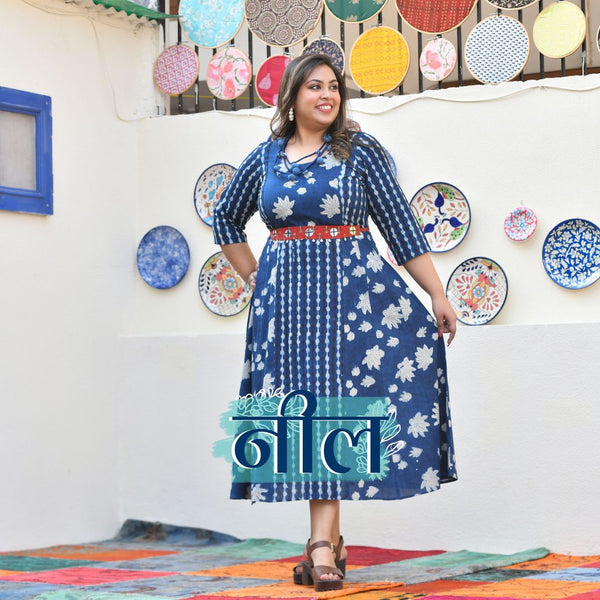 Indigo & Brick Chic Handblock Cotton Aline Dress
