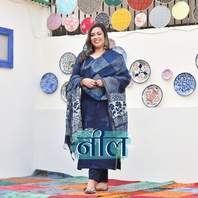 Tree of Indigo Handblock Chanderi Suit Set