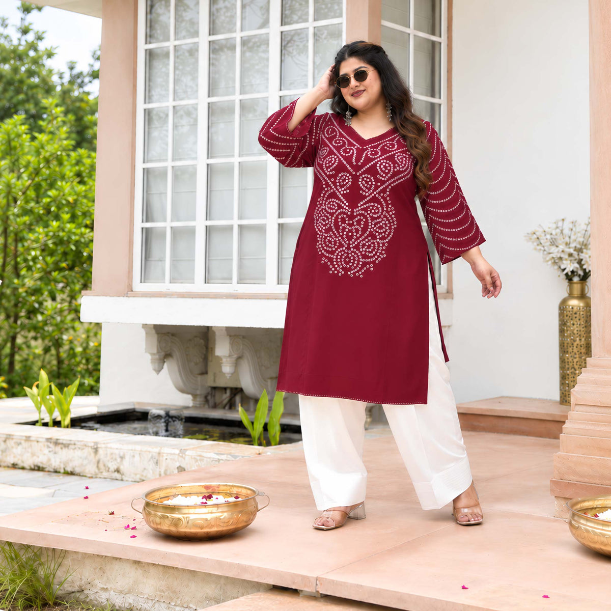 August- Maroon Bandhani Heavy GSM Rayon Cotton Farshi Set