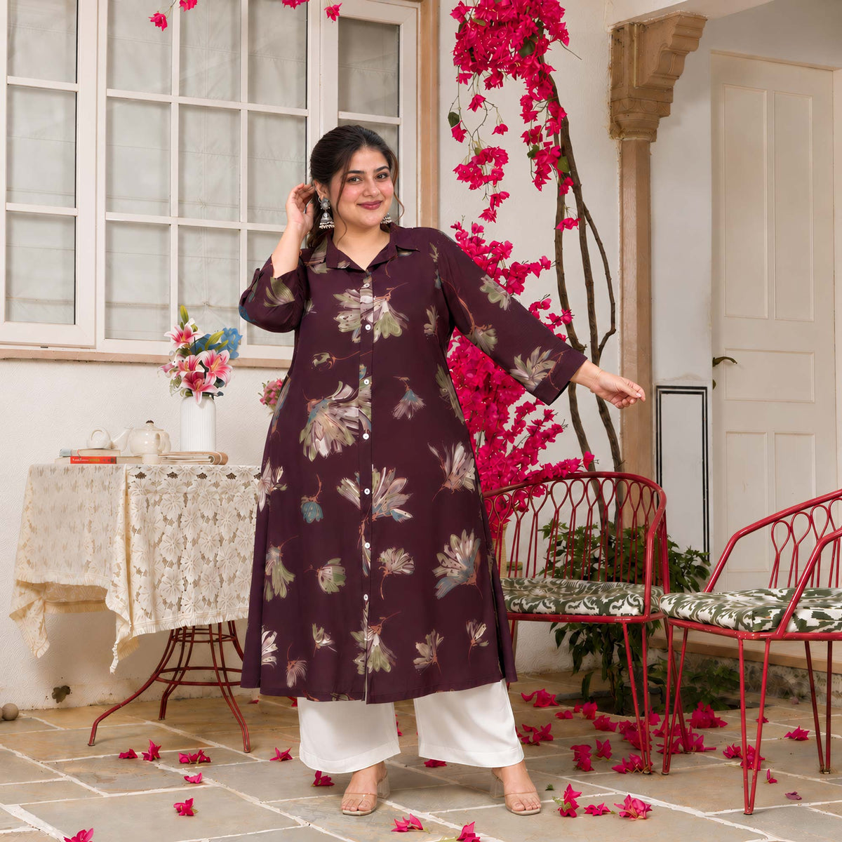 Charlotte- Wine Floral Printed Heavy GSM Rayon Cotton Kurta