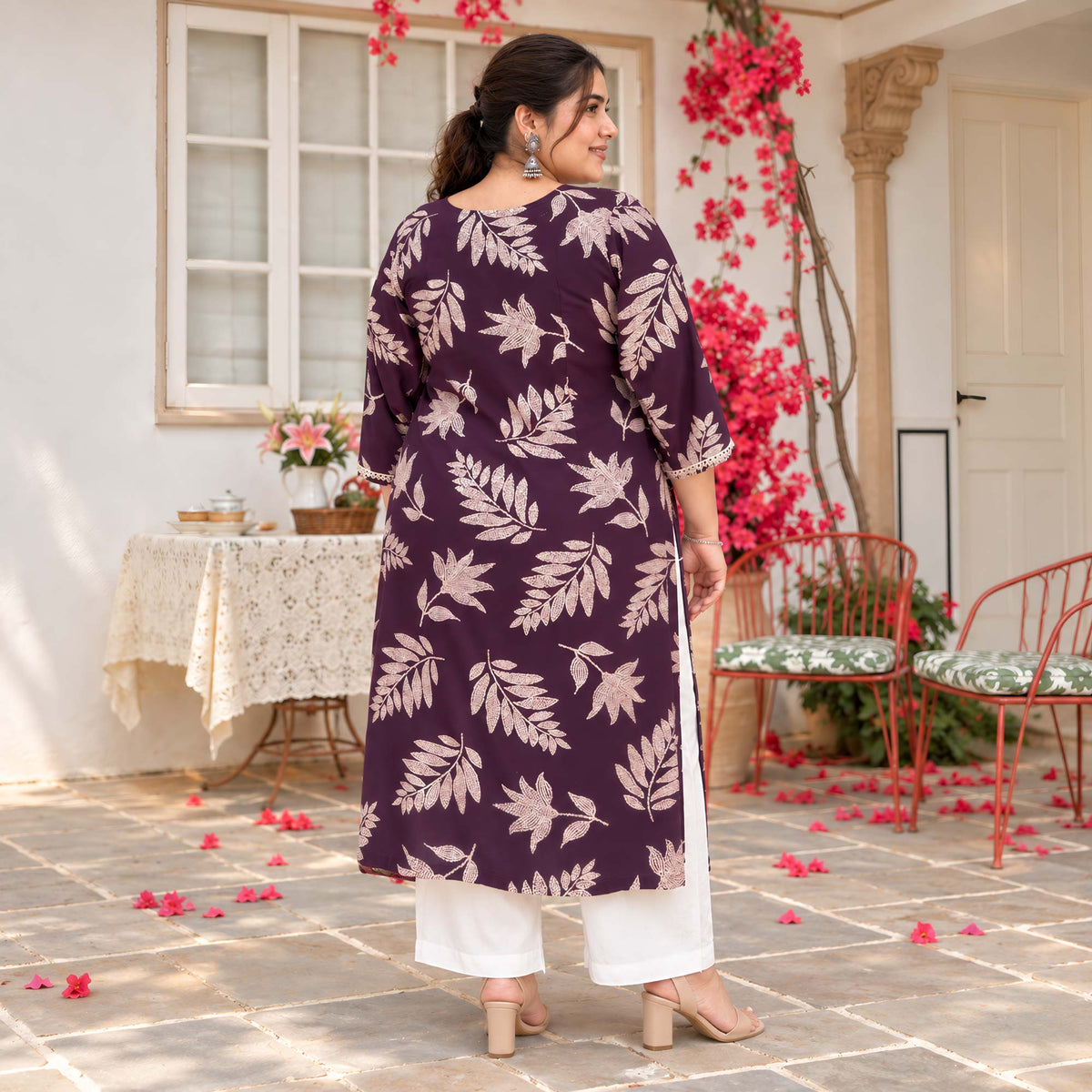 Erin- Wine & Gold Leaf Printed Rayon Cotton Kurta