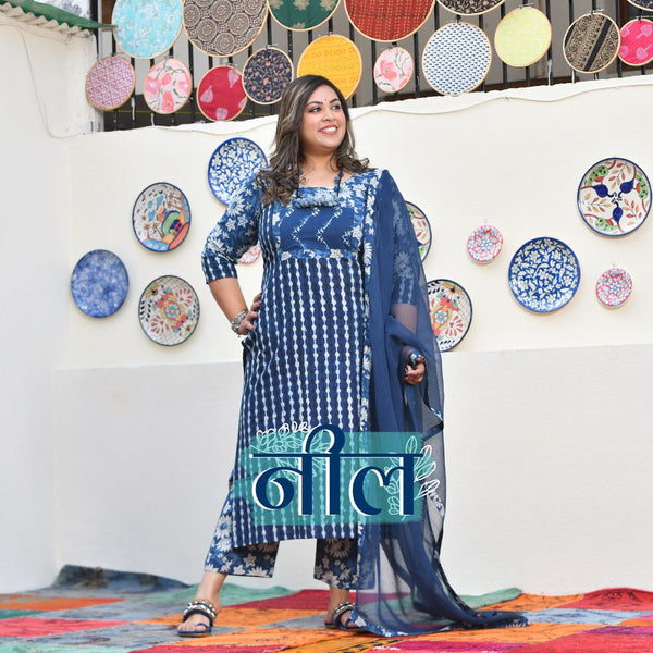 Indigo Mist Handblock Cotton Suit Set
