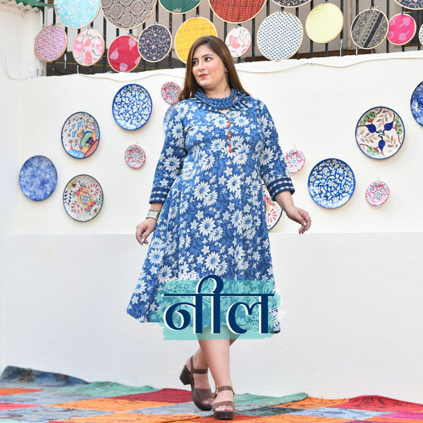 Indigo Daisy Floral Handblock Cotton Aline Dress