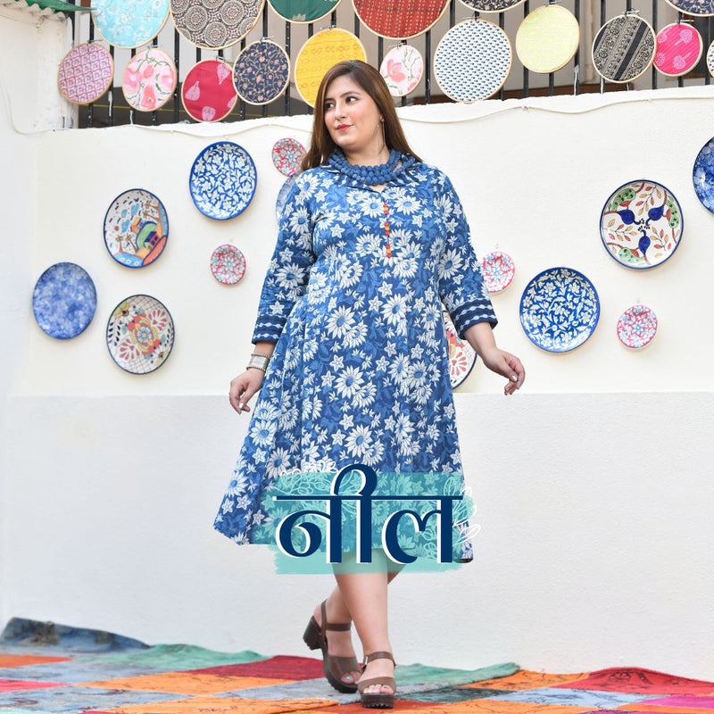 Indigo Daisy Floral Handblock Cotton Aline Dress
