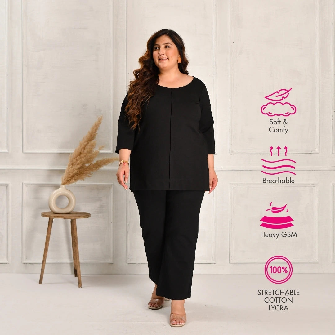 Woman wearing a black plus size lycra