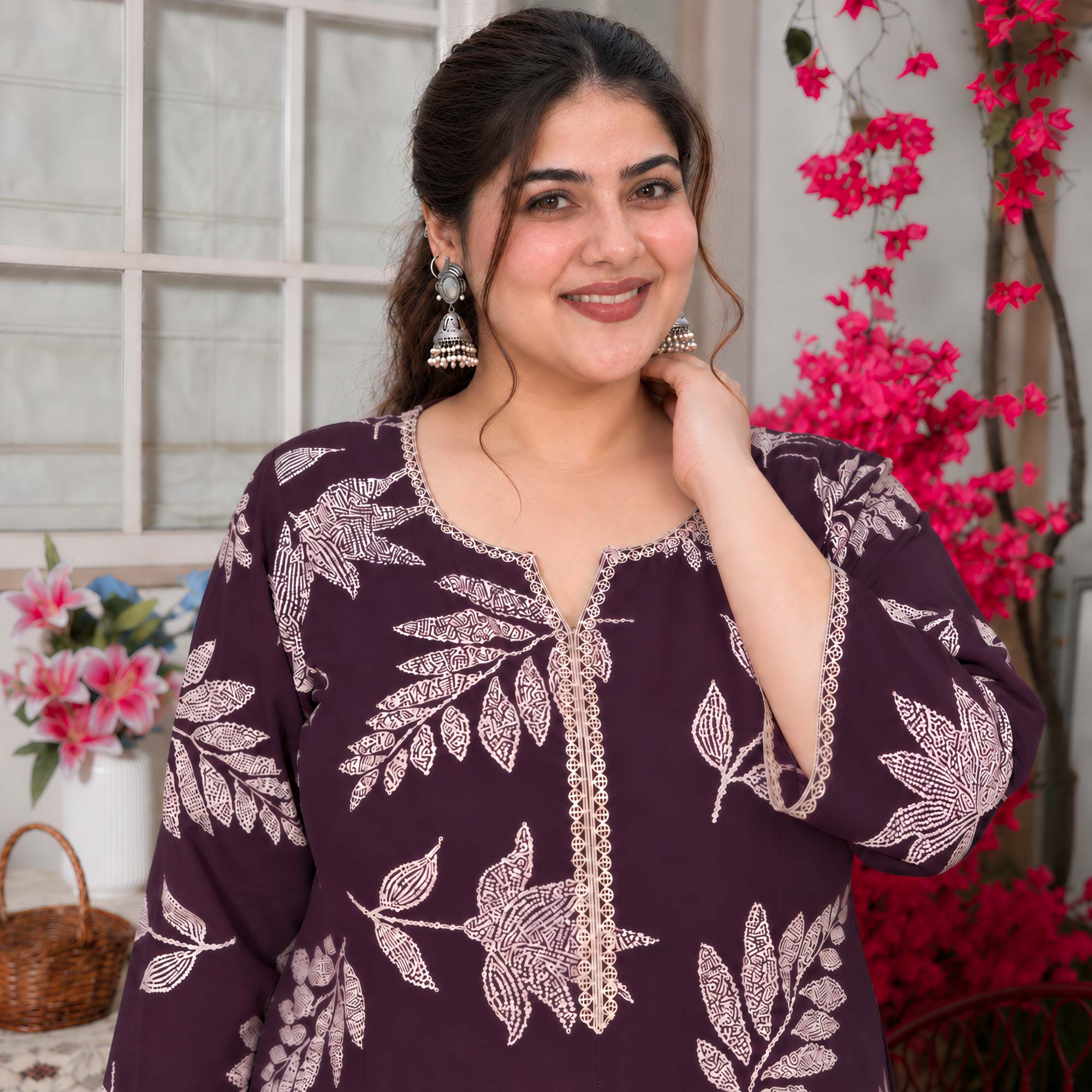 Erin- Wine & Gold Leaf Printed Rayon Cotton Kurta