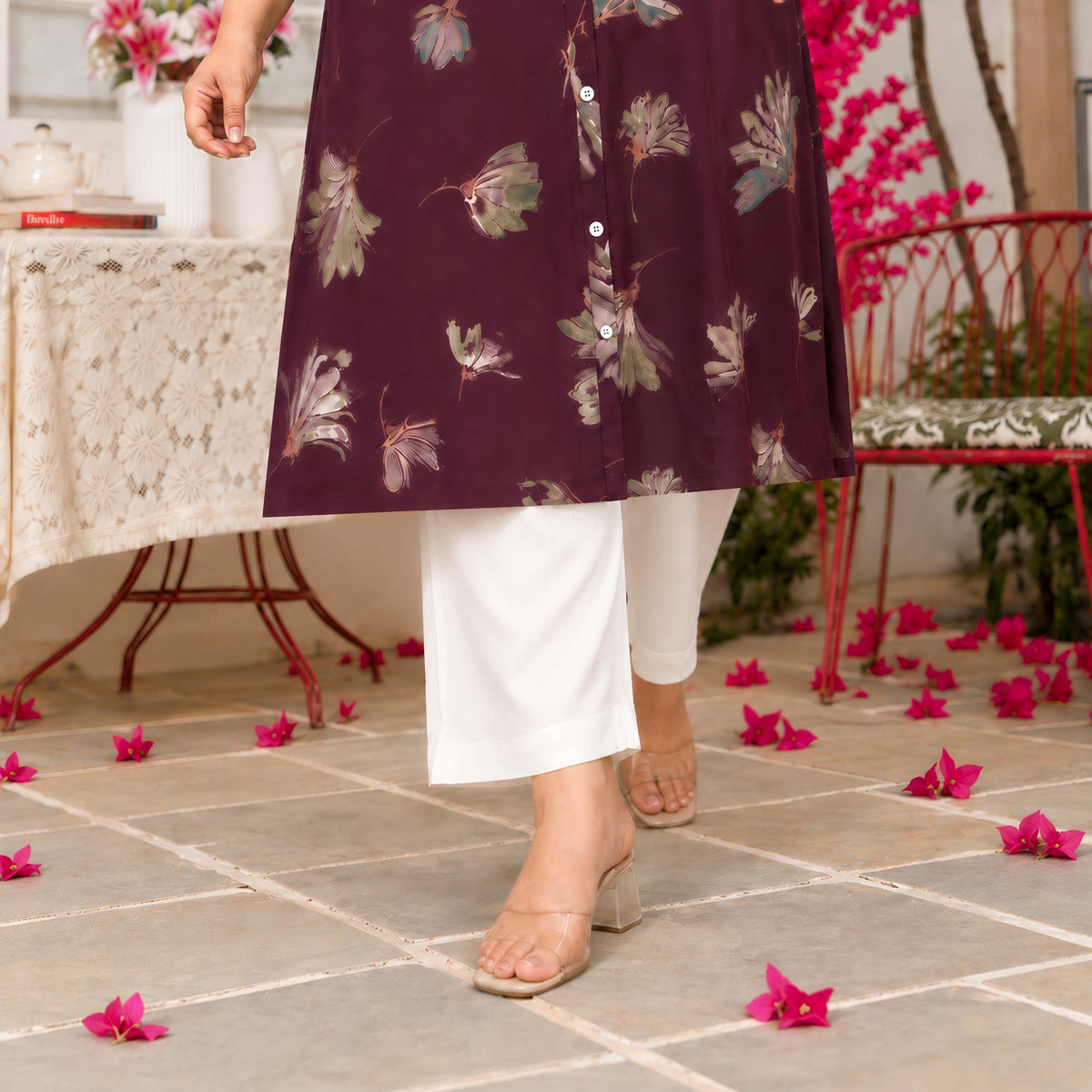 Charlotte- Wine Floral Printed Heavy GSM Rayon Cotton Kurta