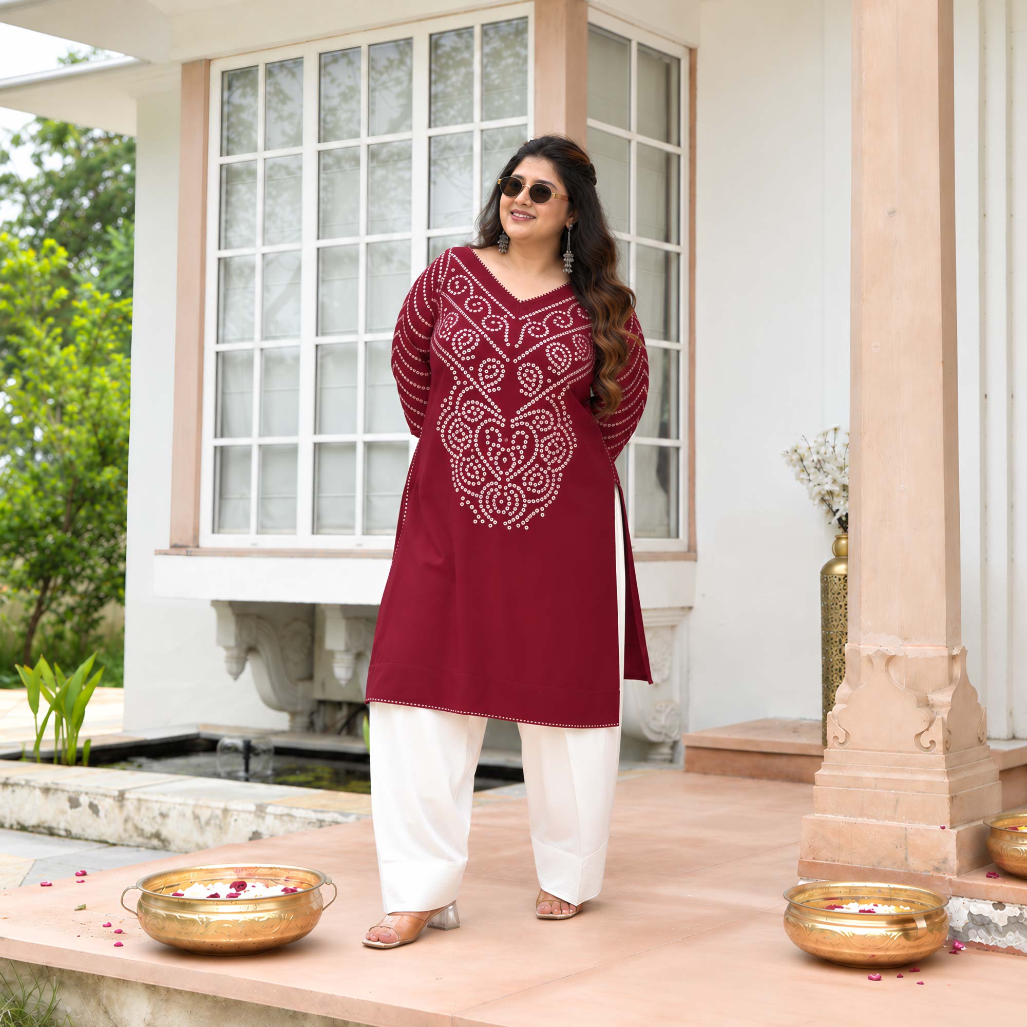 August- Maroon Bandhani Heavy GSM Rayon Cotton Farshi Set