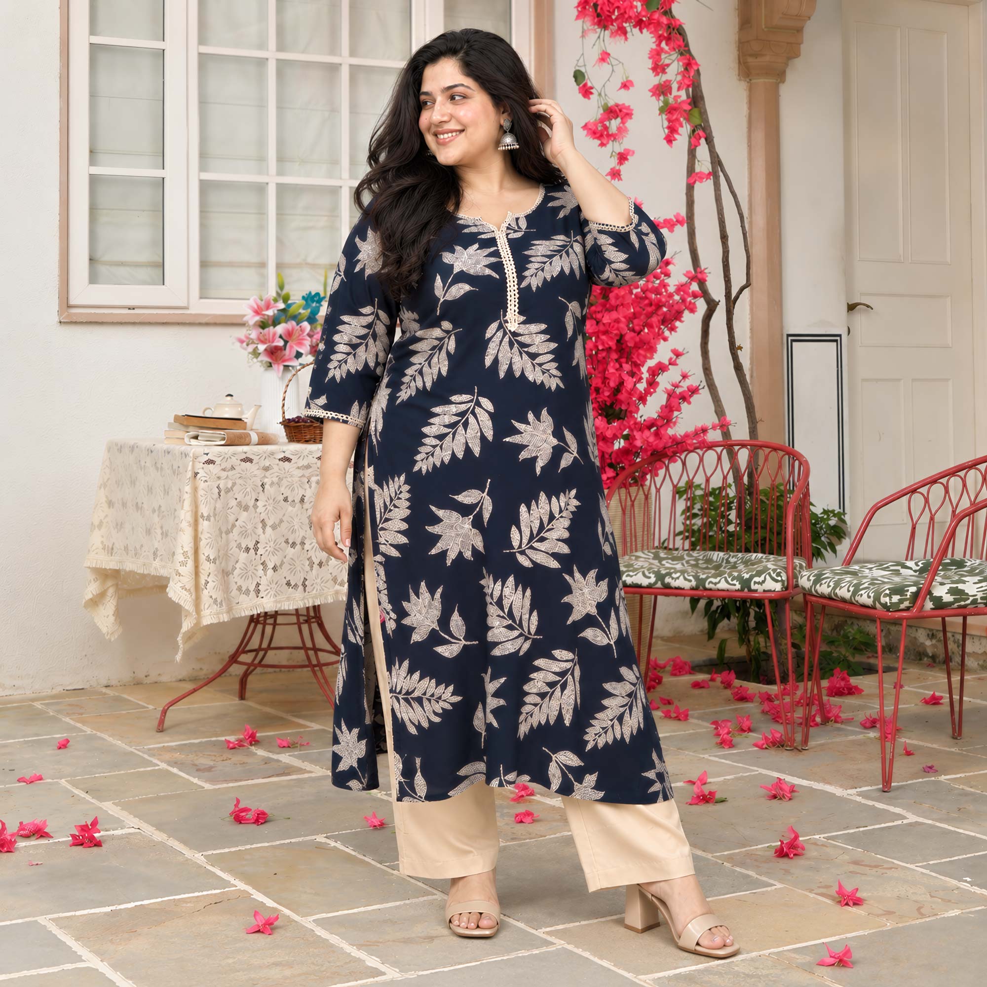 Gloria- Navy & Gold Floral Printed Rayon Cotton Kurta