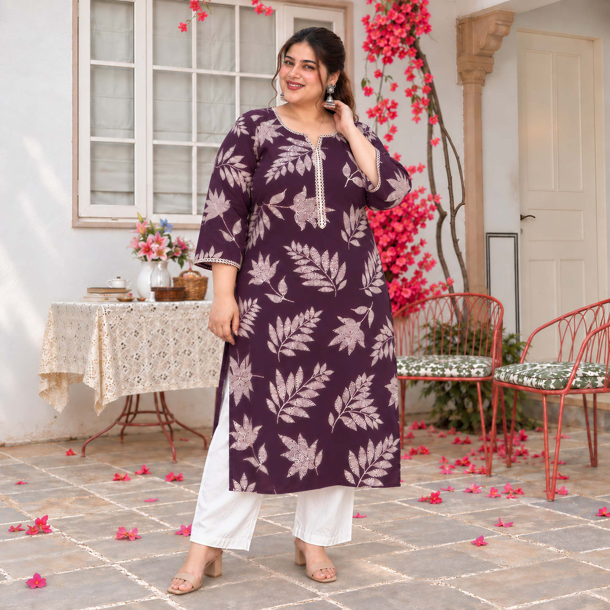 Erin- Wine & Gold Leaf Printed Rayon Cotton Kurta