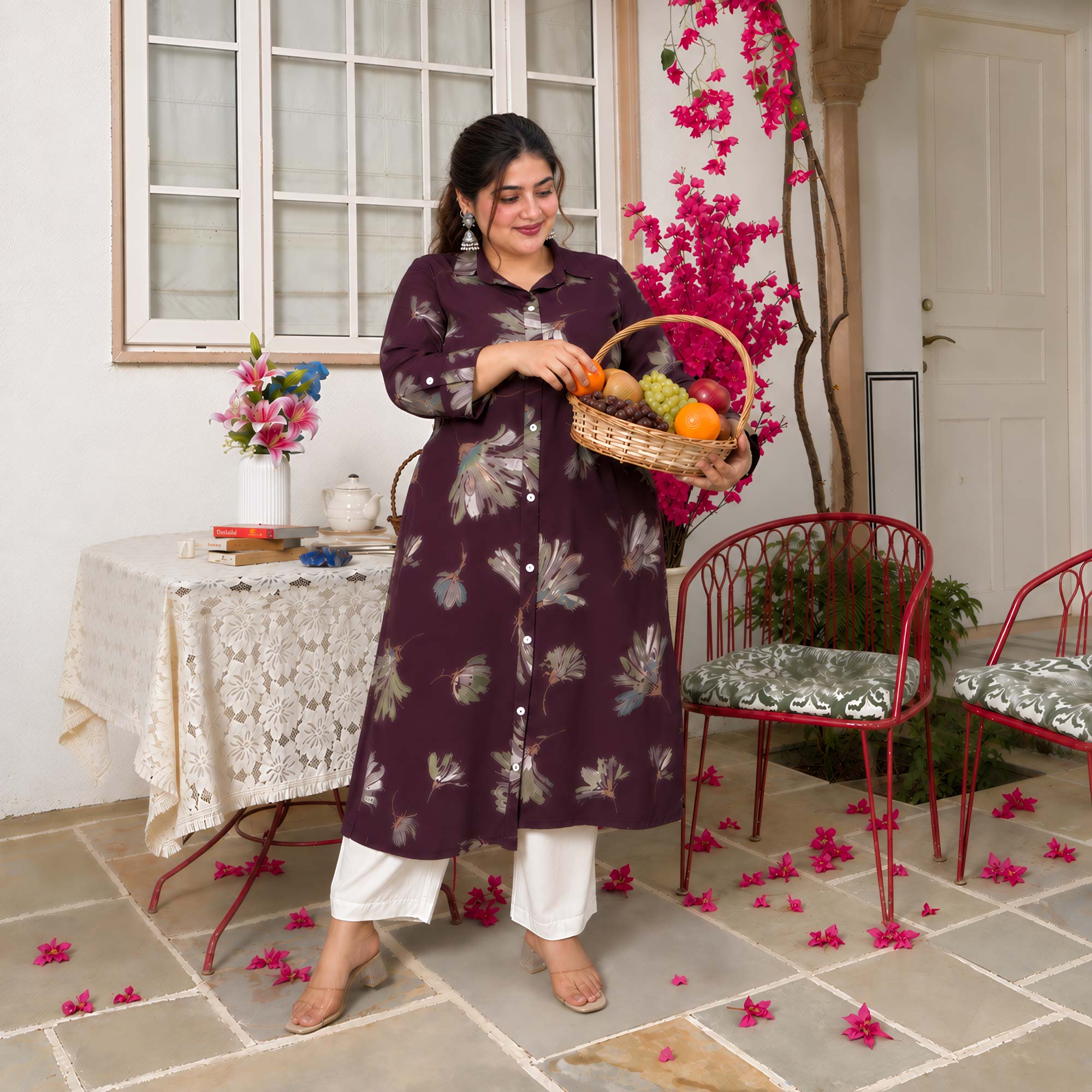 Charlotte- Wine Floral Printed Heavy GSM Rayon Cotton Kurta