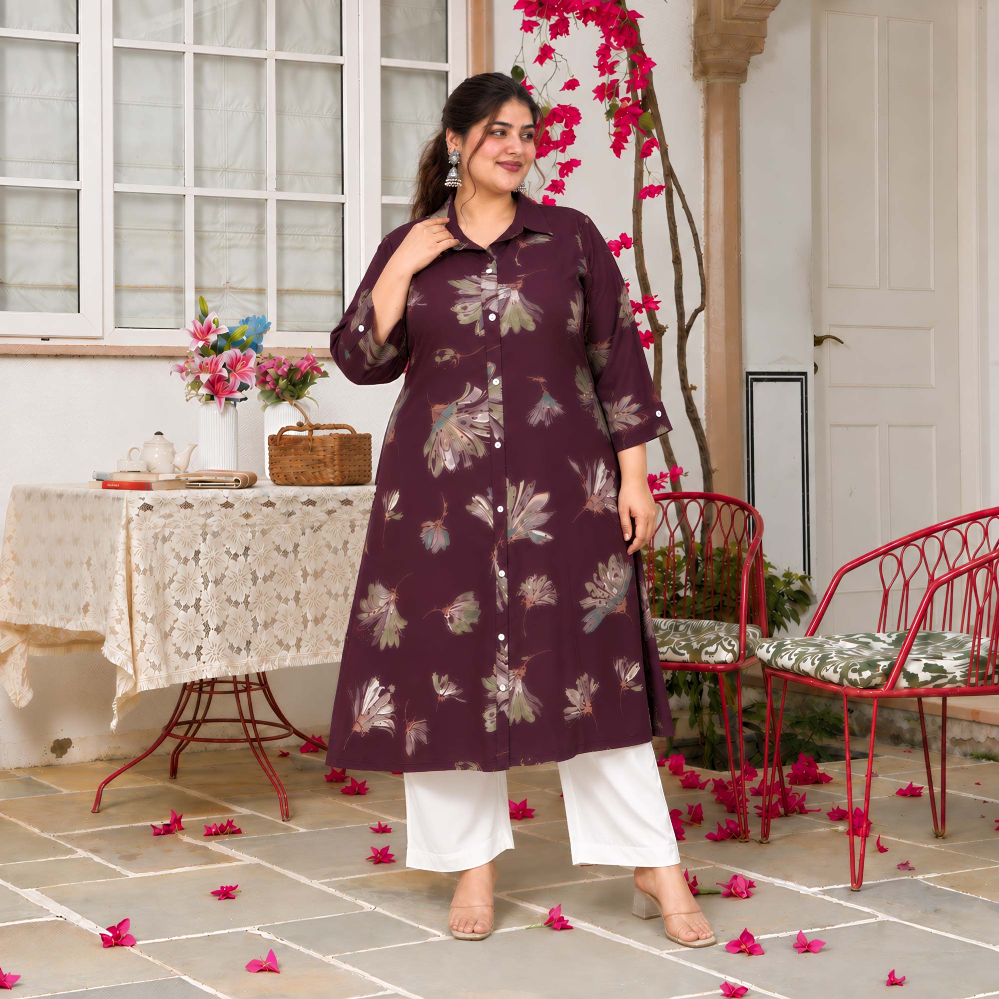 Charlotte- Wine Floral Printed Heavy GSM Rayon Cotton Kurta