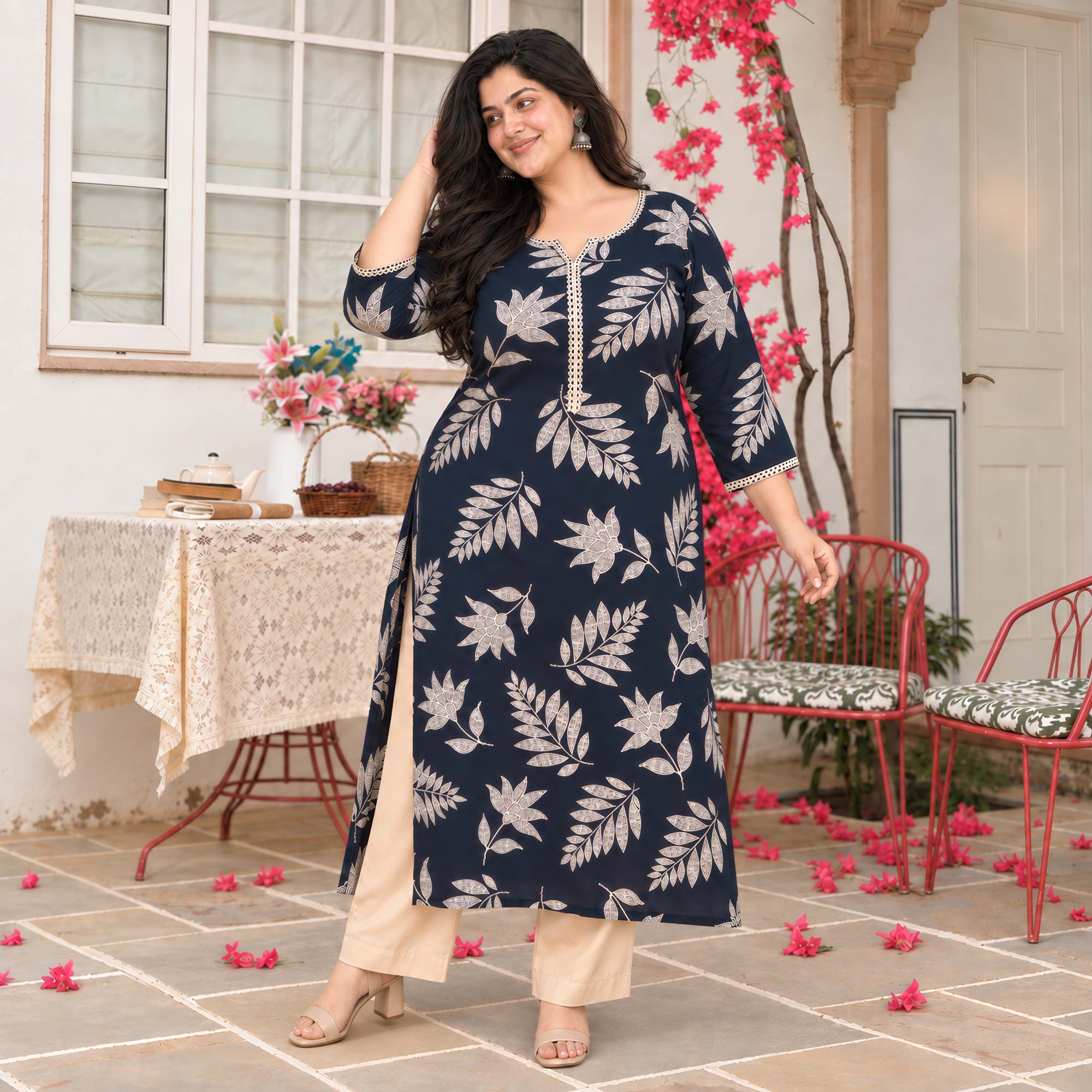 Gloria- Navy & Gold Floral Printed Rayon Cotton Kurta