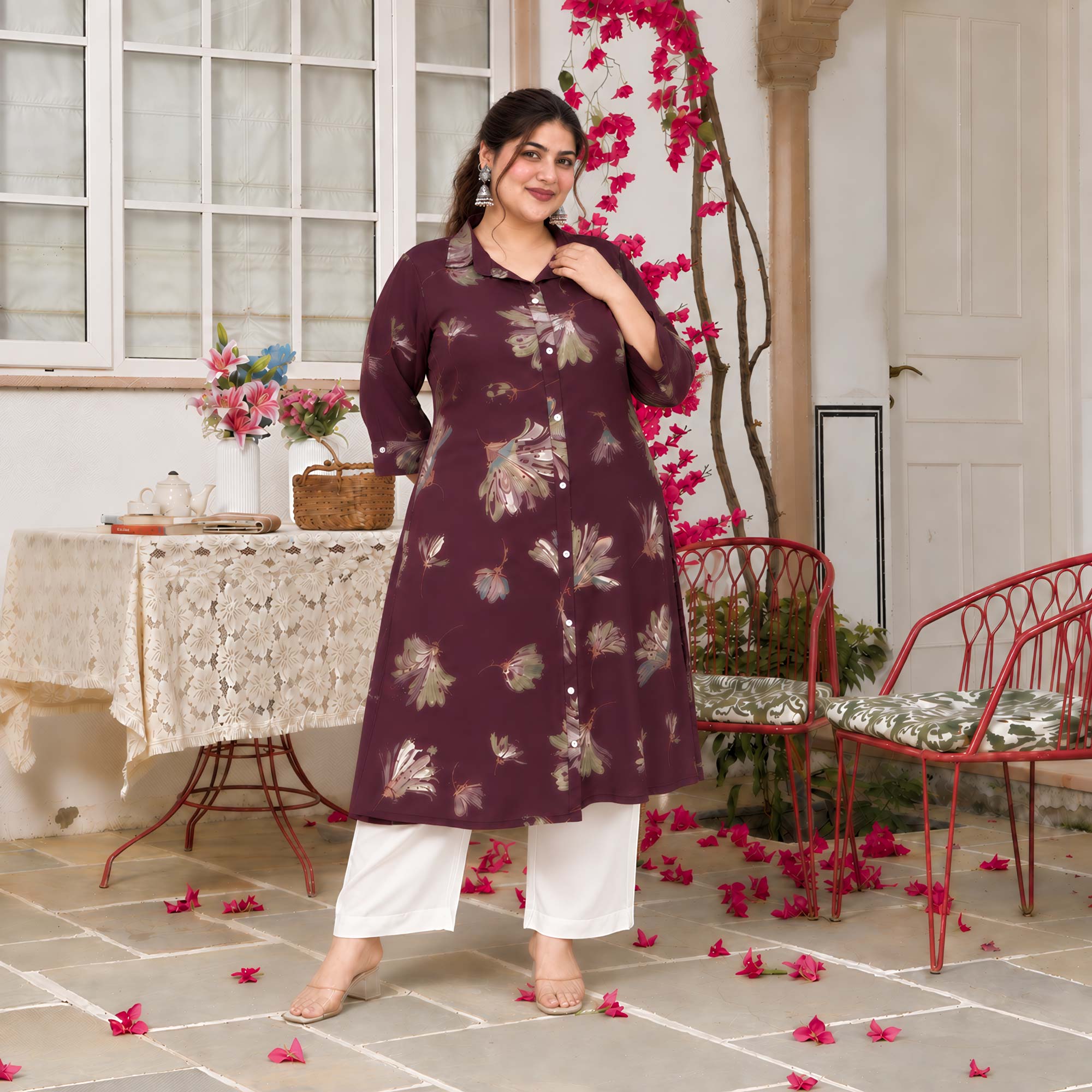 Charlotte- Wine Floral Printed Heavy GSM Rayon Cotton Kurta