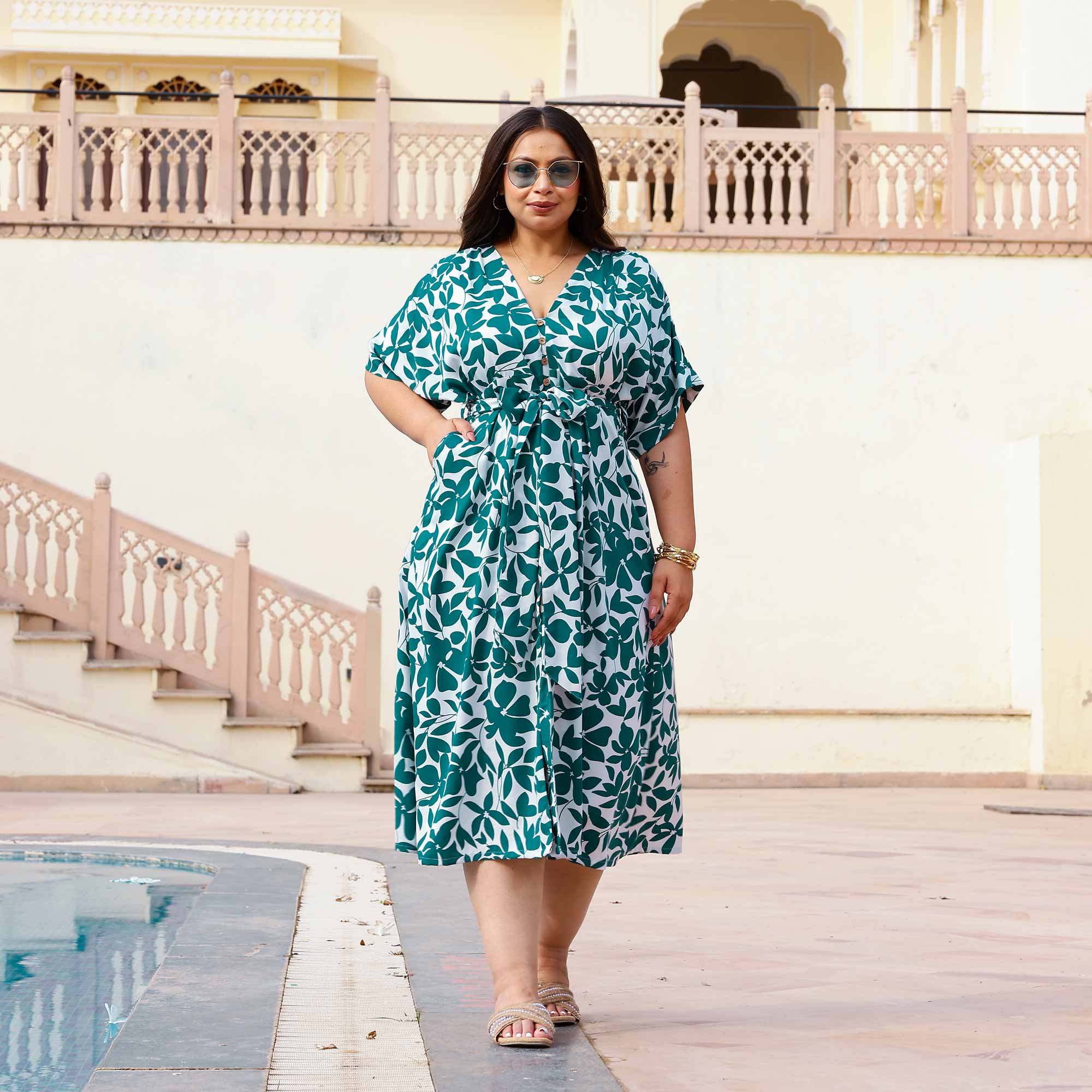 Leafy Delight Moss Crepe Aline Dress