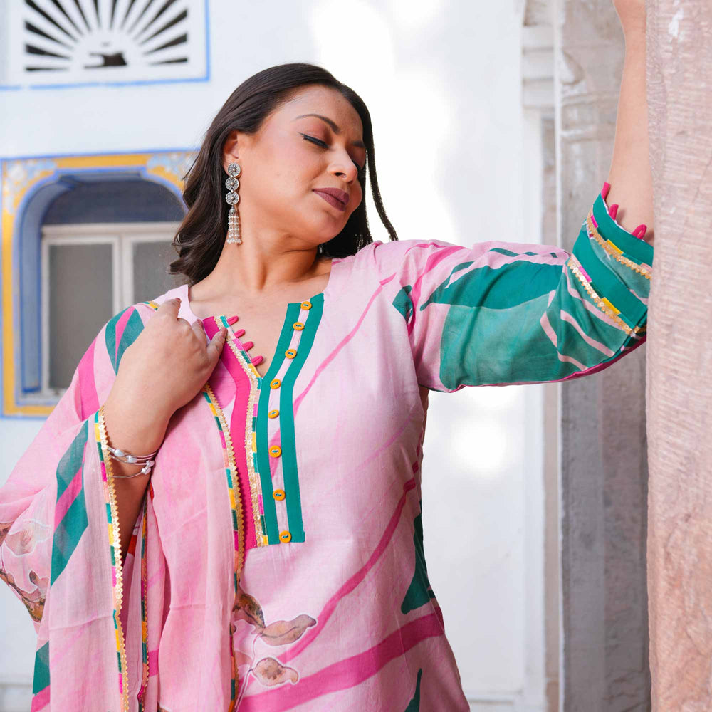 Plus Size Grey Printed Cotton Suit Set