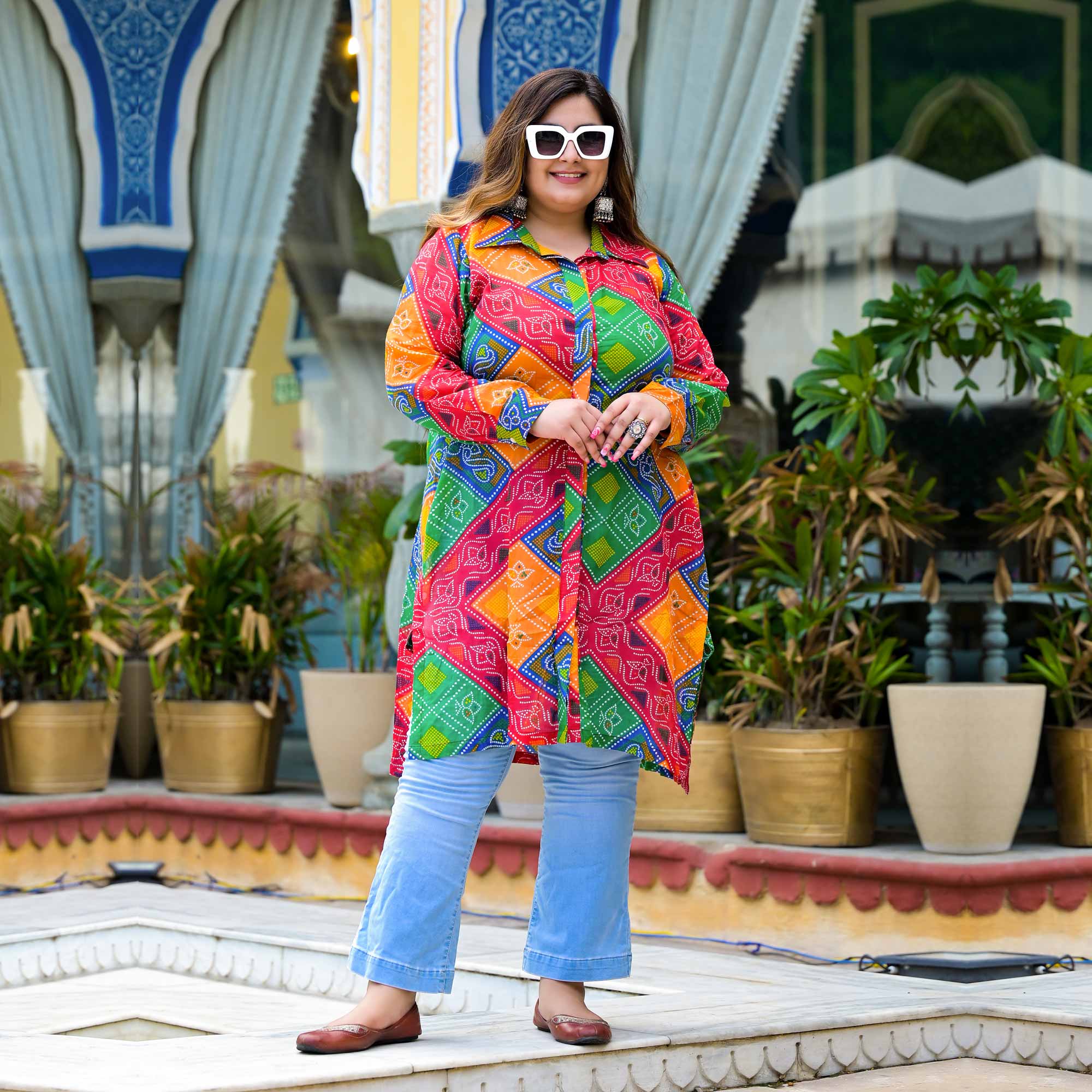 Blissful Bandhani Asymmetrical Button - down Shirt