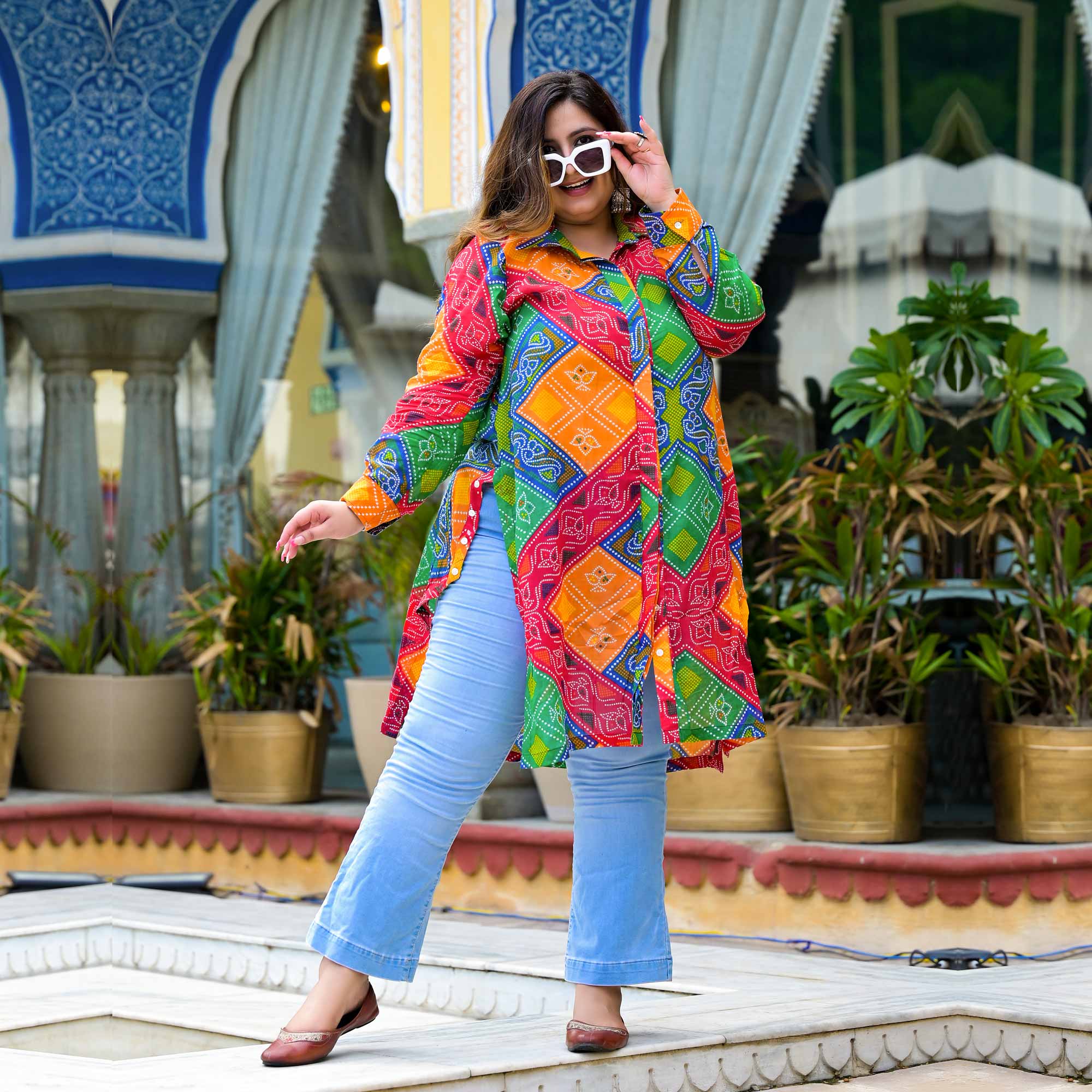 Blissful Bandhani Asymmetrical Button - down Shirt