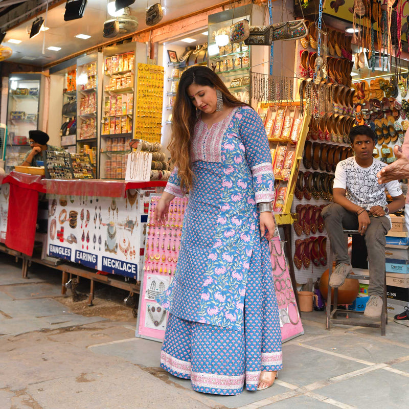 Gulabi Mehfil Handblock Printed Skirt Set 