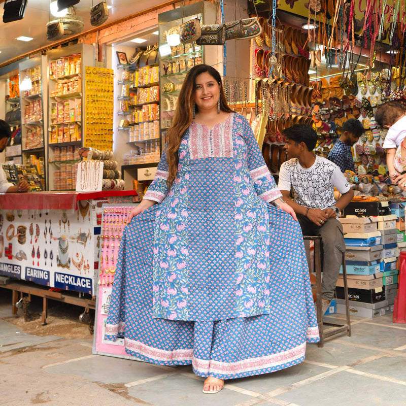 Gulabi Mehfil Handblock Printed Skirt Set