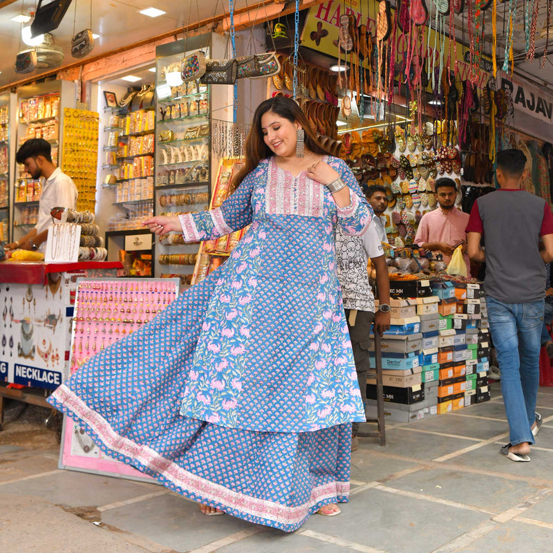 Gulabi Mehfil Handblock Printed Skirt Set