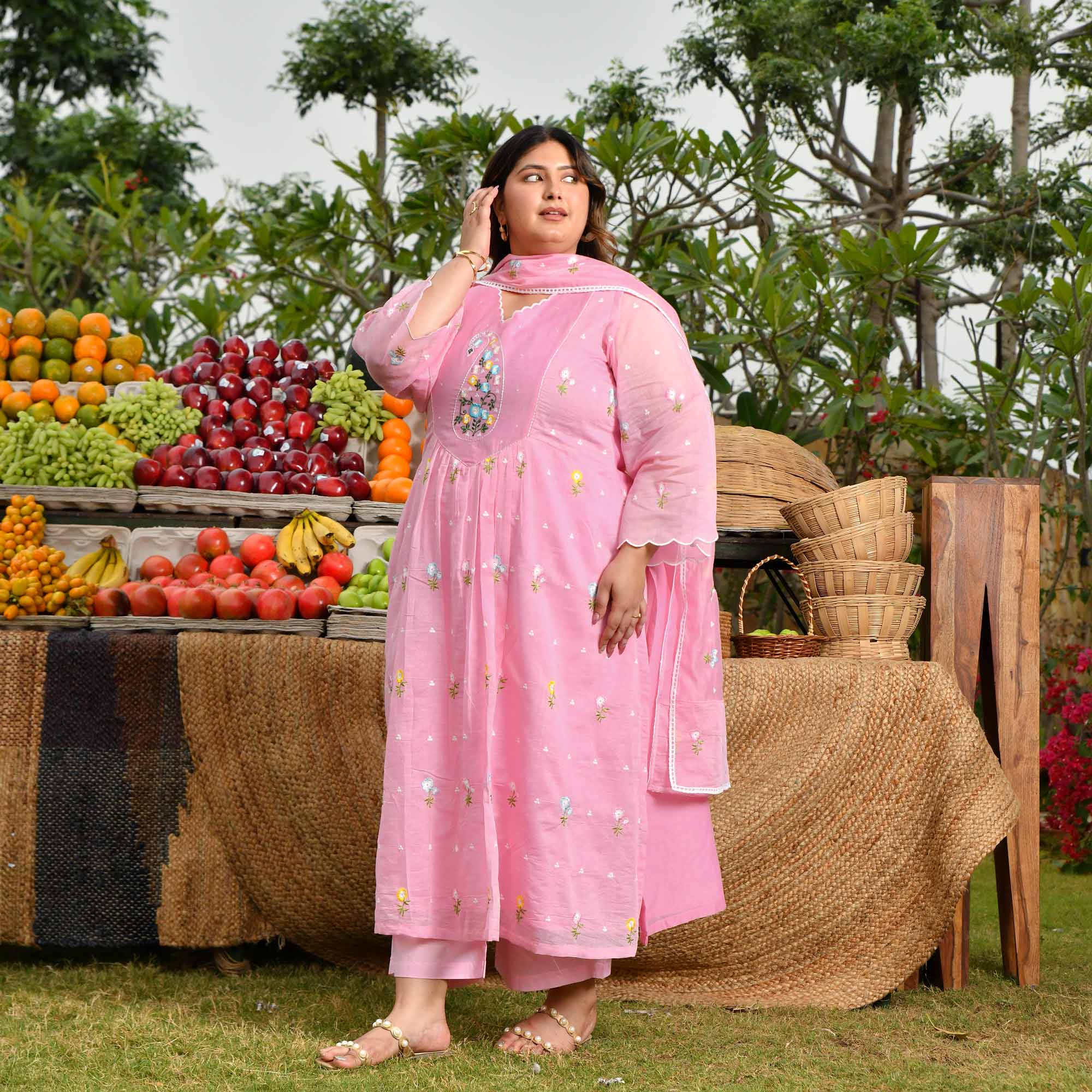 Lychee- Rose Pink Thread Embroidered Mul Chanderi Suit Set