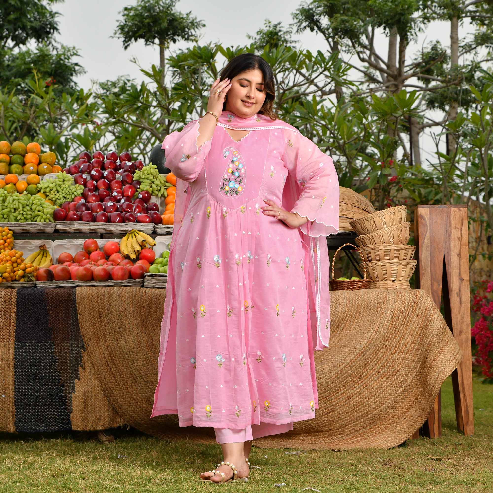 Lychee- Rose Pink Thread Embroidered Mul Chanderi Suit Set