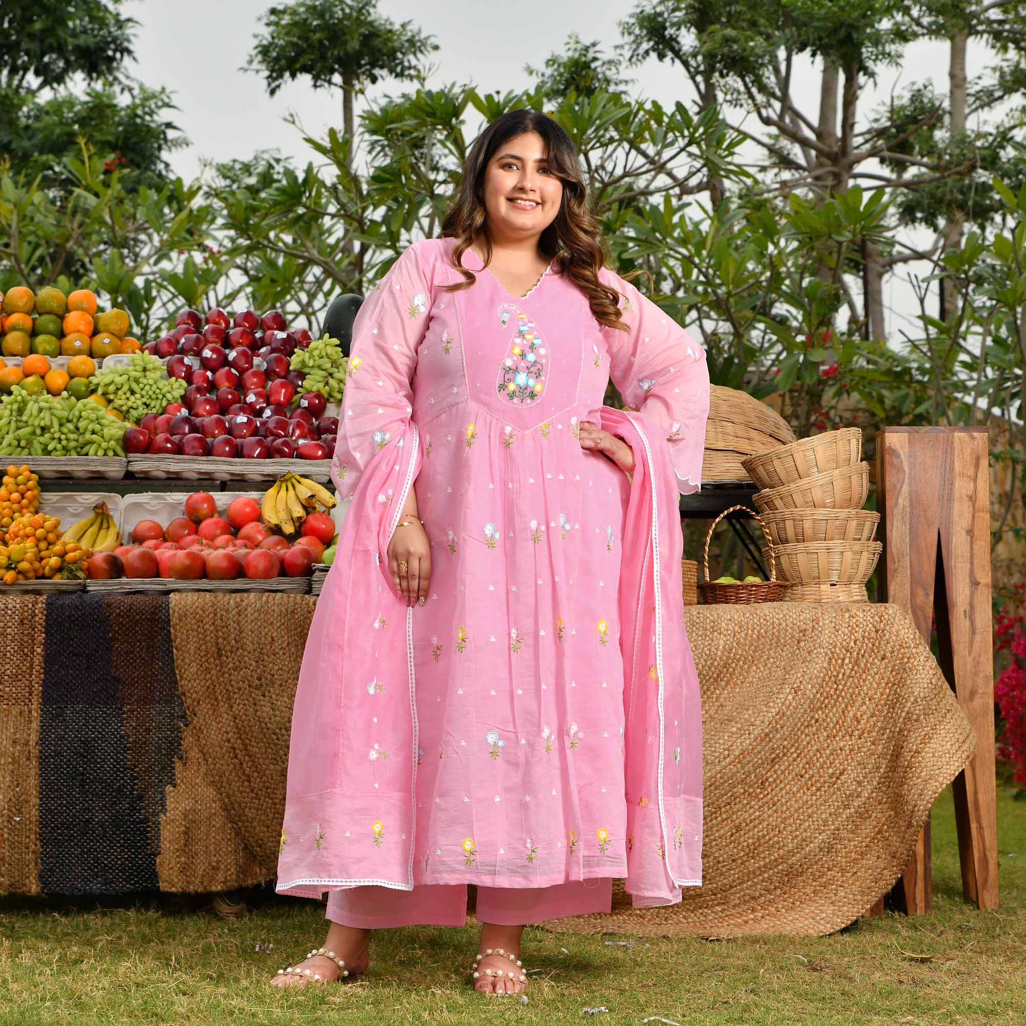 Lychee- Rose Pink Thread Embroidered Mul Chanderi Suit Set