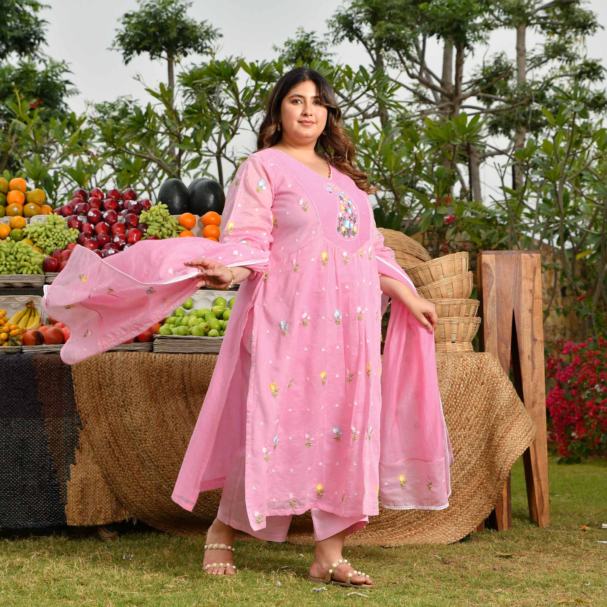 Lychee- Rose Pink Thread Embroidered Mul Chanderi Suit Set