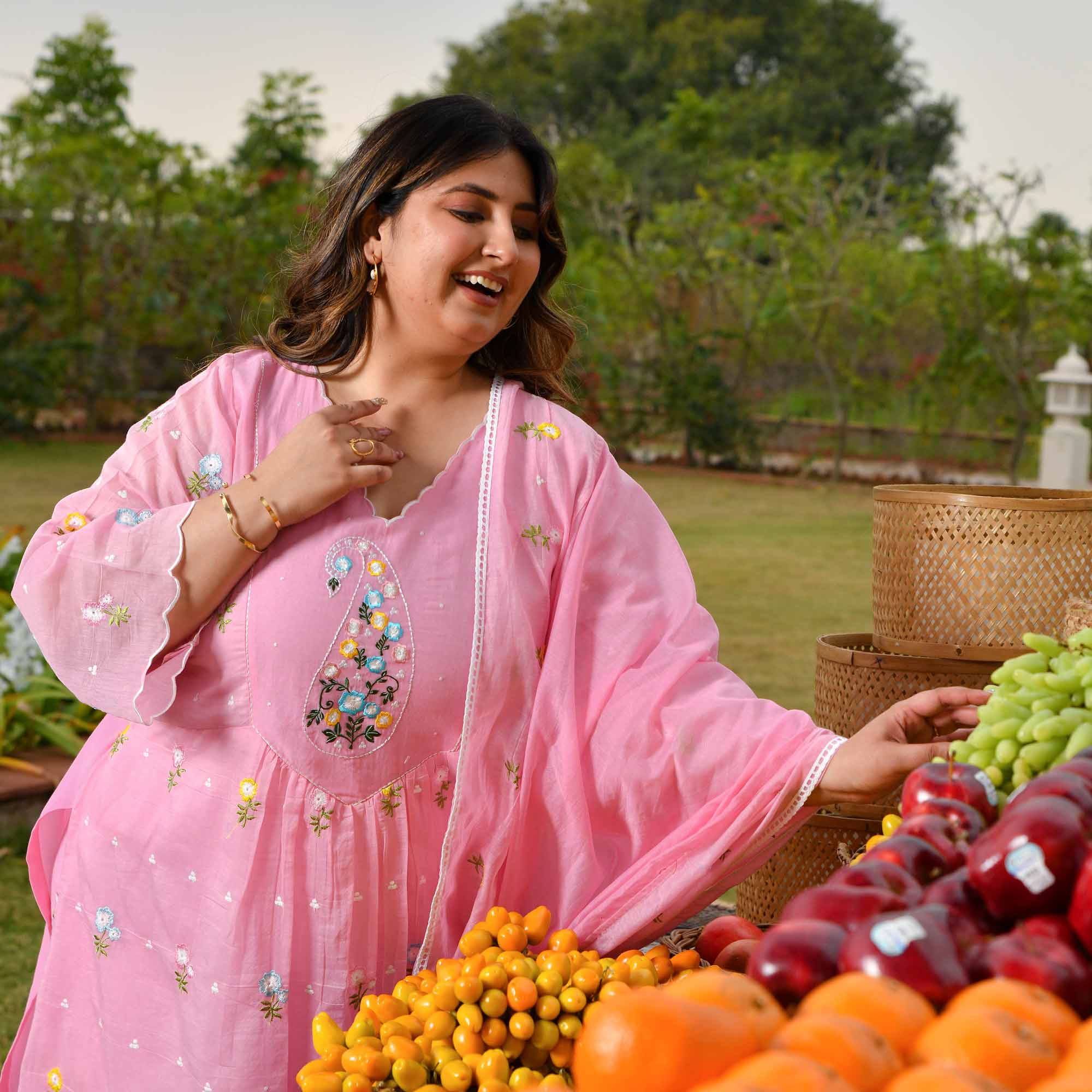 Lychee- Rose Pink Thread Embroidered Mul Chanderi Suit Set