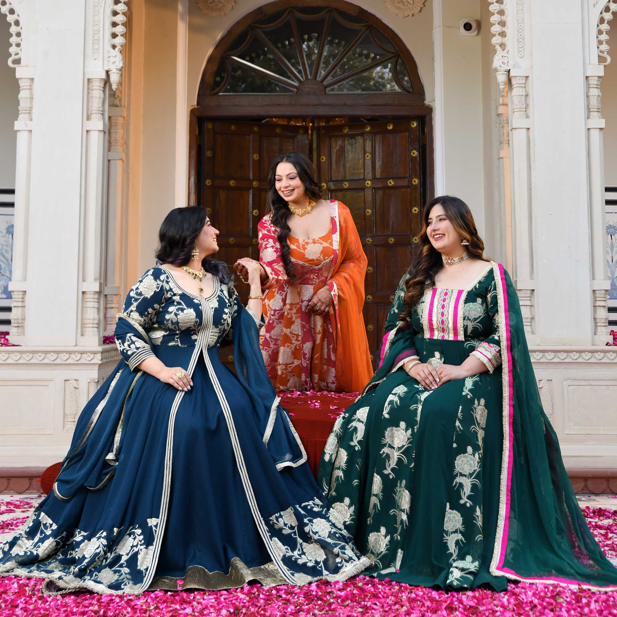 Ambrai- Teal Blue Banarasi Pure Georgette Anarkali Skirt Set