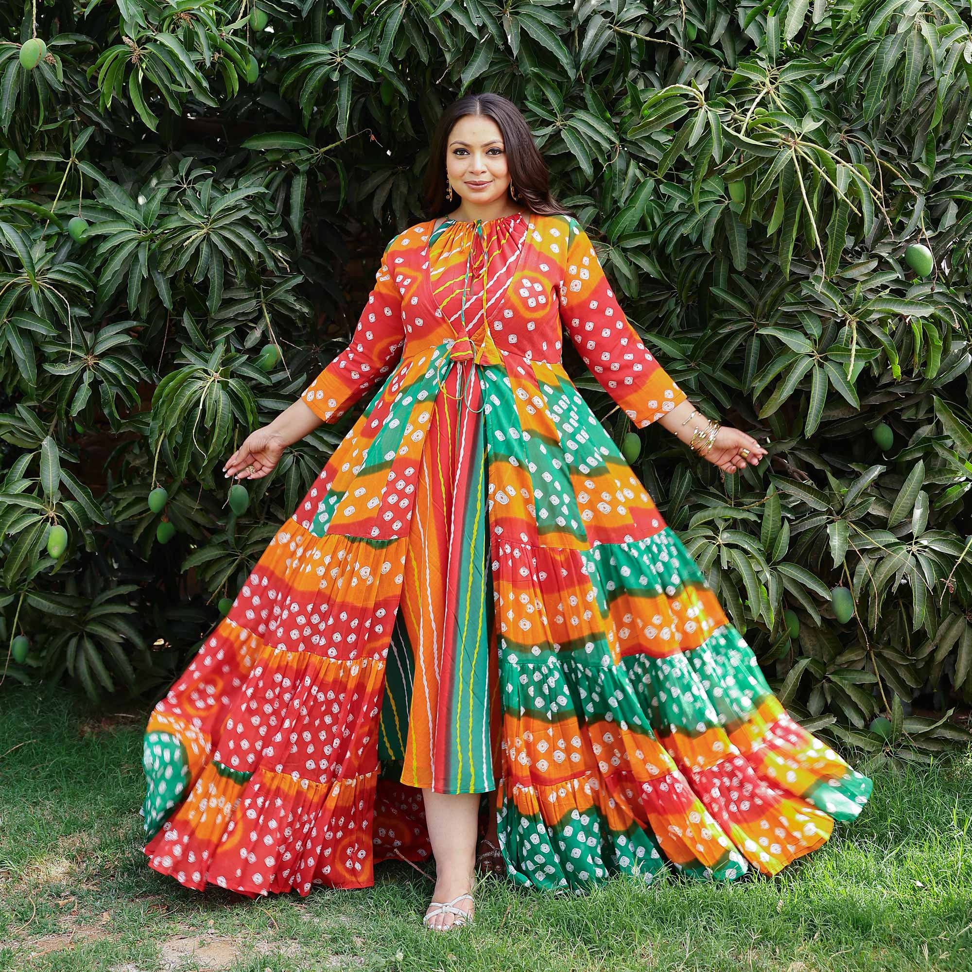 Rust & Red Bandhani Mul-Cotton Tiered Cape