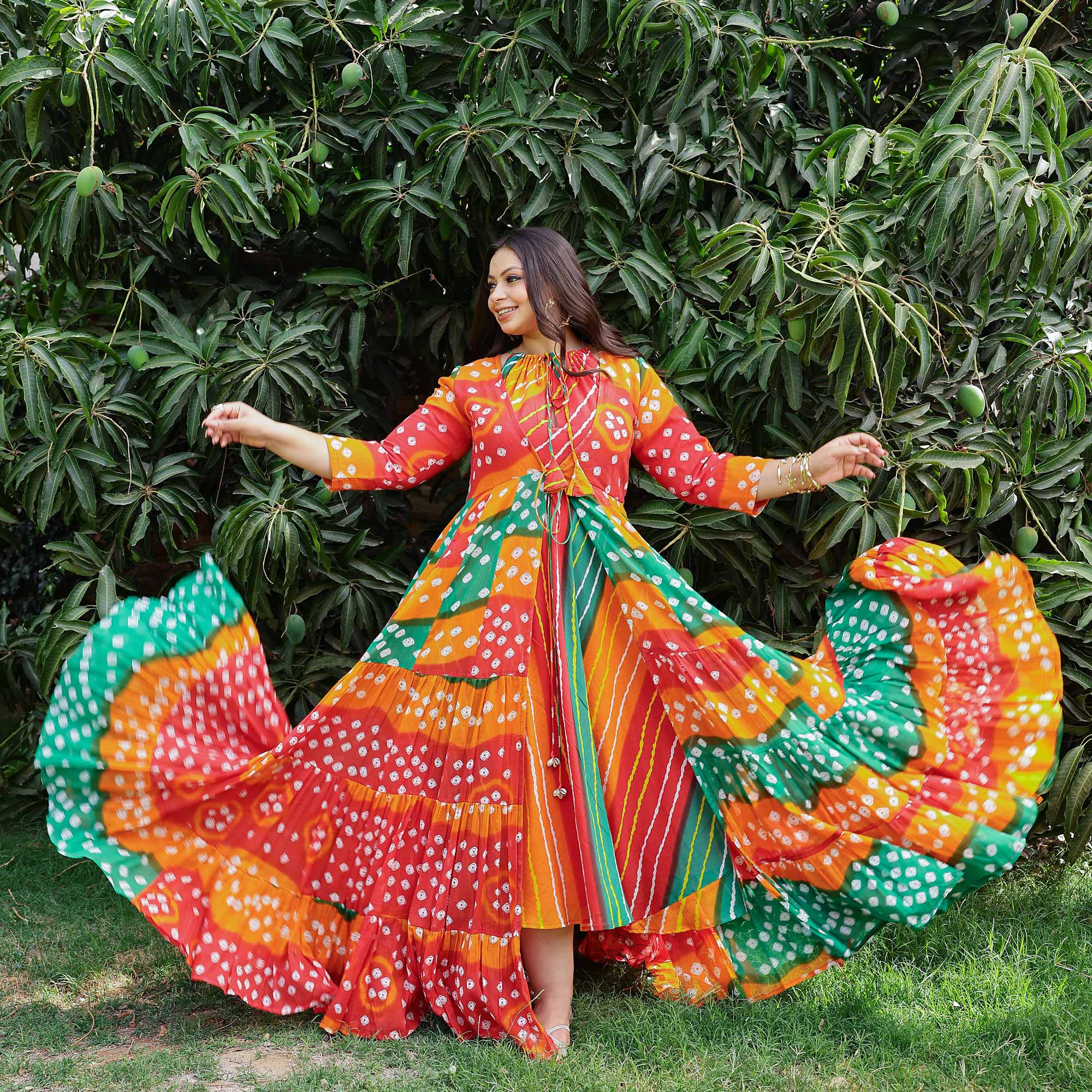 Rust & Red Bandhani Mul-Cotton Tiered Cape