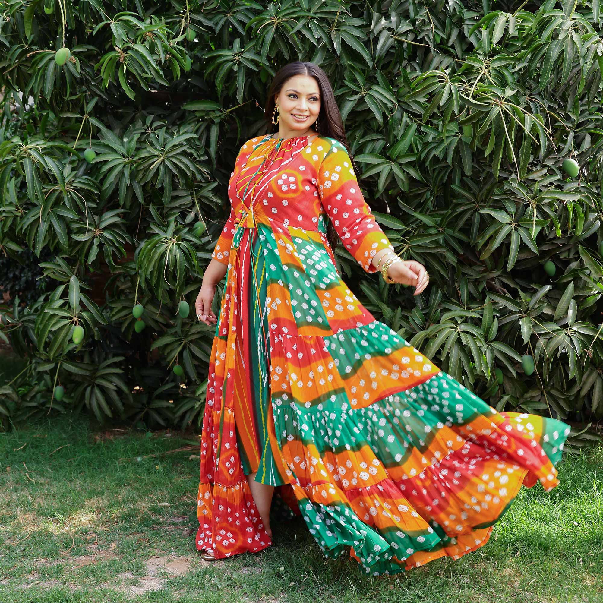 Rust & Red Bandhani Mul-Cotton Tiered Cape
