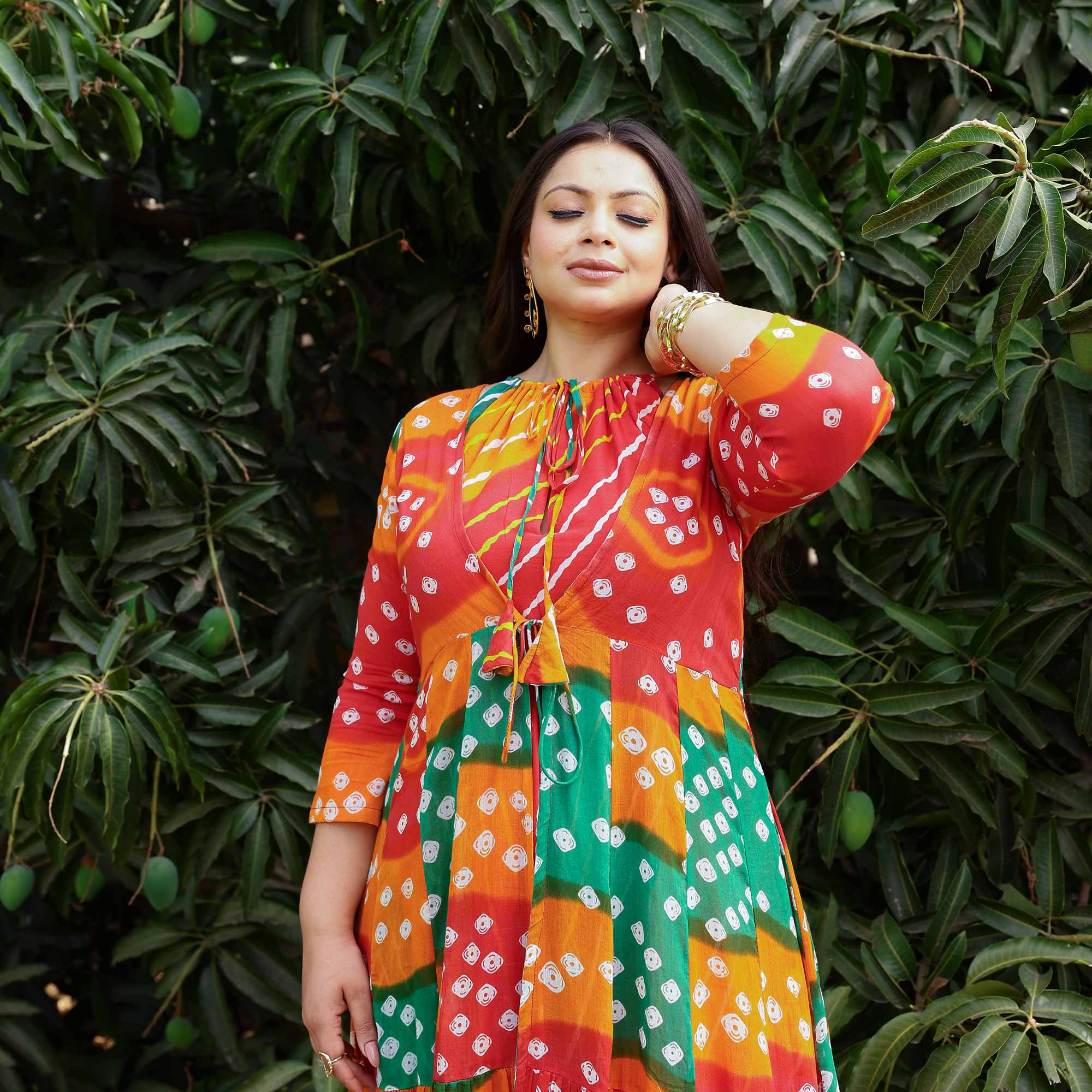 Rust & Red Bandhani Mul-Cotton Tiered Cape