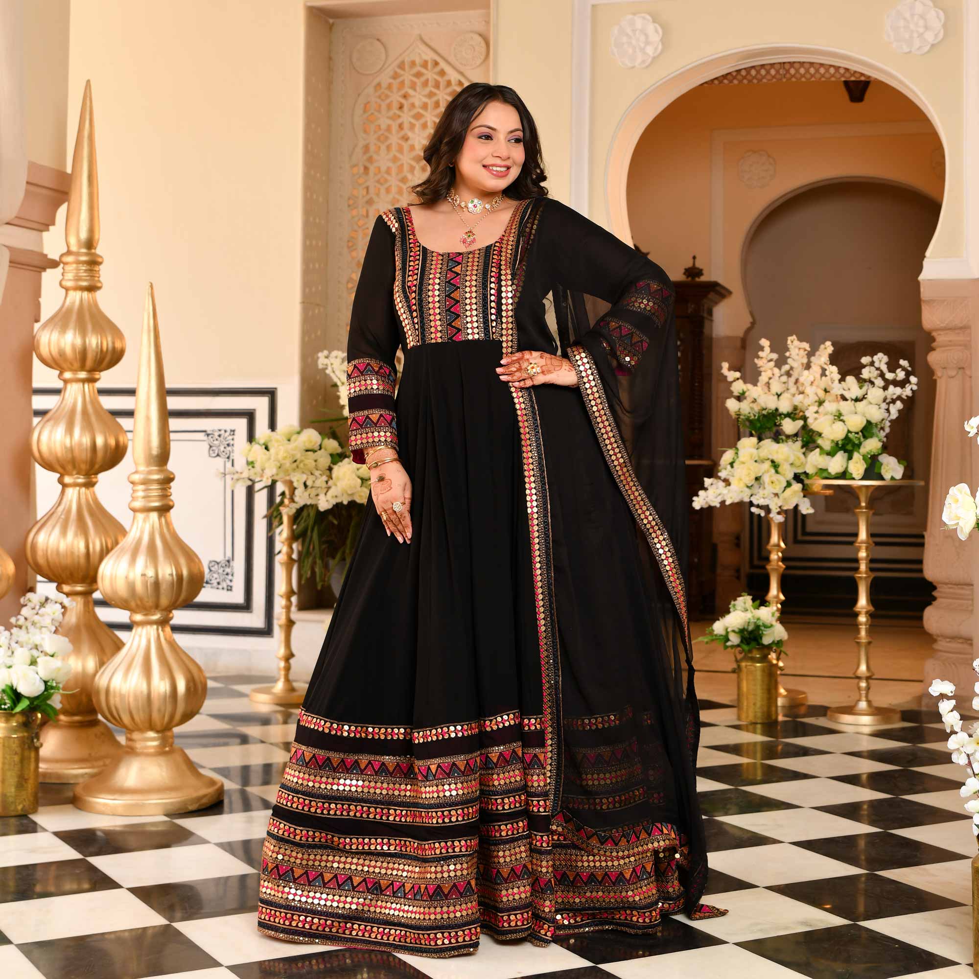 Chand Bali- Black Sequin & Thread Embroidered Georgette Anarkali Set